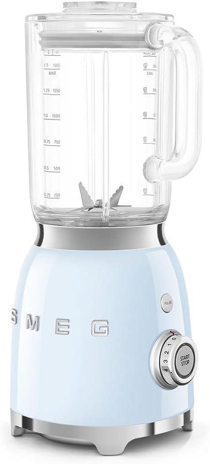 Smeg, BLF03PBEU, 1.5 L Blender, 4 Speed ​​Levels, 4 Automatic Programs, Removable Double Blade, Transparent Lid Opening with Dosing Cap, Non-Slip, 800W, Blue