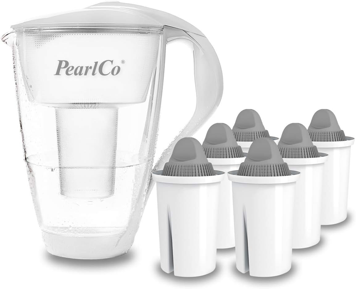 PearlCo Glass Water Filter (White) with 6 Protect+ Classic Filter Cartridges (for Hard Water) - Made in EU