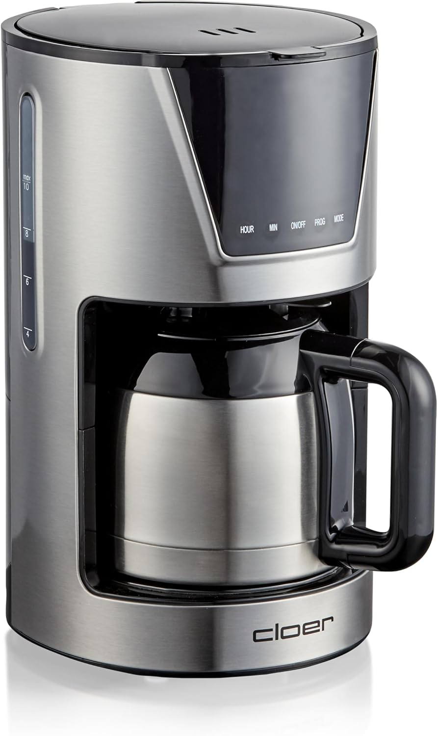 Cloer Store Cloer 5258 Filter Coffee Maker for 10 Cups, 3 Aroma Levels, LCD Touch Display, Timer, Drip Stop & Auto-Off, Includes Measuring Spoon, Insulated Jug, Stainless Steel, 800 W