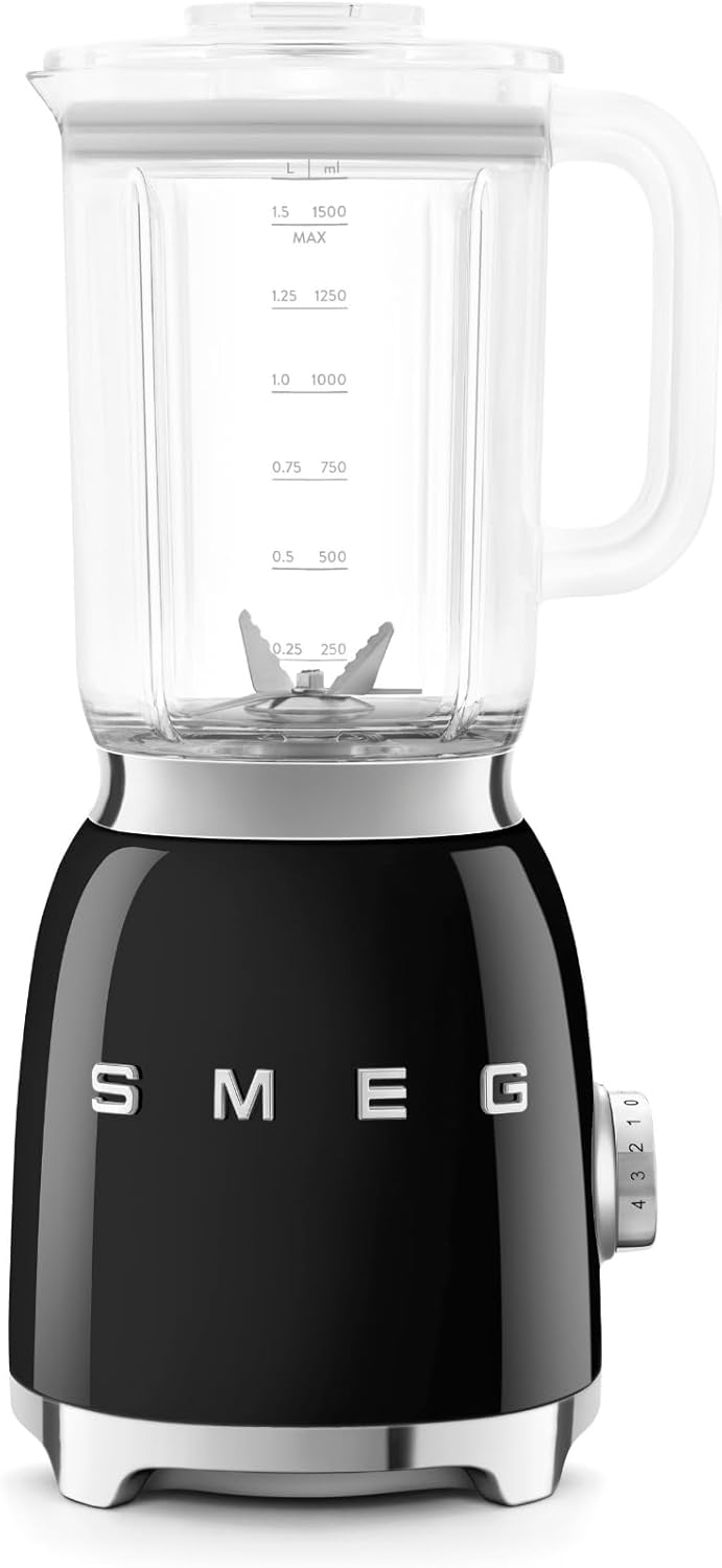 Smeg Store Smeg, BLF03BLEU, 1.5 L Blender, 4 Speed Levels, 4 Automatic Programmes, Removable Double Blade, Transparent Lid Opening with Dosing Cap, Non-Slip, 800 W, Black