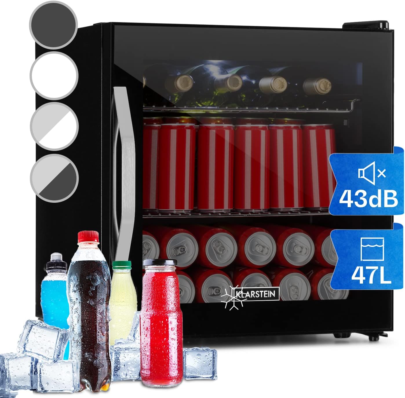 Klarstein Mini Fridge with Glass Door, for Room, Drinks Refrigerator, Adjustable Shelves, Small, 47 Liters, Indoor/Outdoor, Quiet