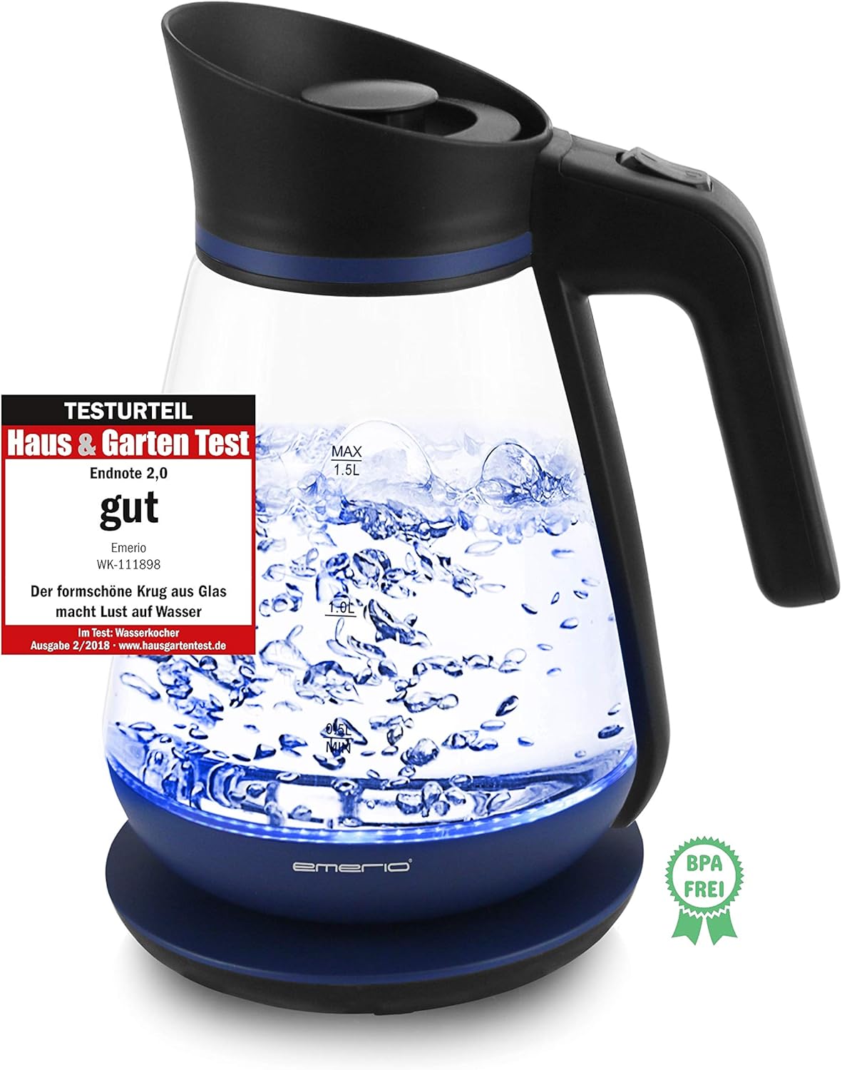 Emerio Design Glass Kettle, 1.5 L, Swiss Design, Borosilicate Glass, Wireless, LED Lighting, Limescale Filter, 2200 Watt, Black/Blue