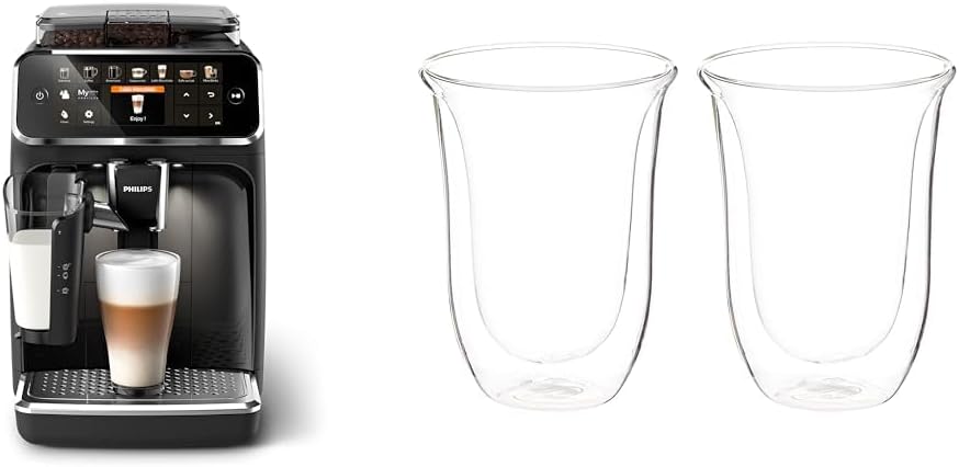 Philips Domestic Appliances Philips Series 5400 Fully Automatic Coffee Machine - LatteGo Milk System & De\'Longhi Glasses Set DLSC312, 2 Double-Walled Thermal Glasses with Insulation Function for Cold and Hot Drinks