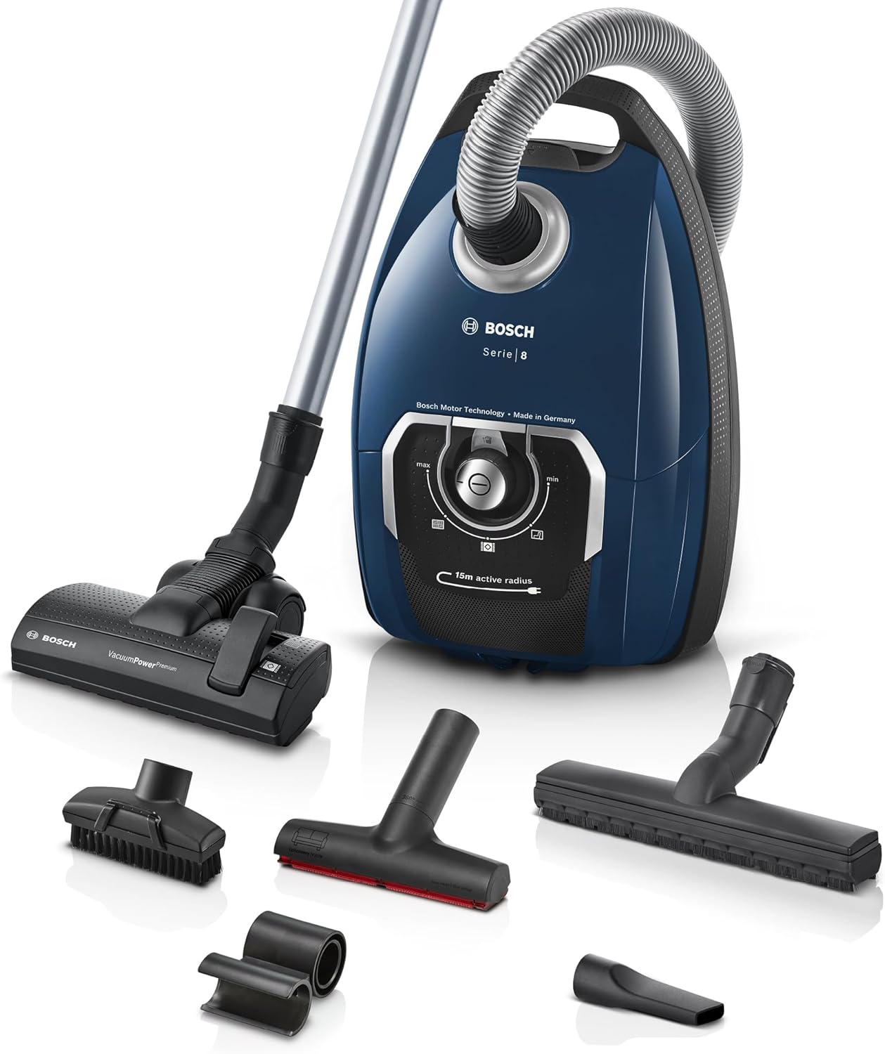 Bosch Series 8 BGB75X494 Vacuum Cleaner with Bag, Ideal for Allergy Sufferers, Hygiene Filter, Floor Nozzle for Parquet, Carpet, Tiles, Long Cable, Quiet, 650 W, Blue
