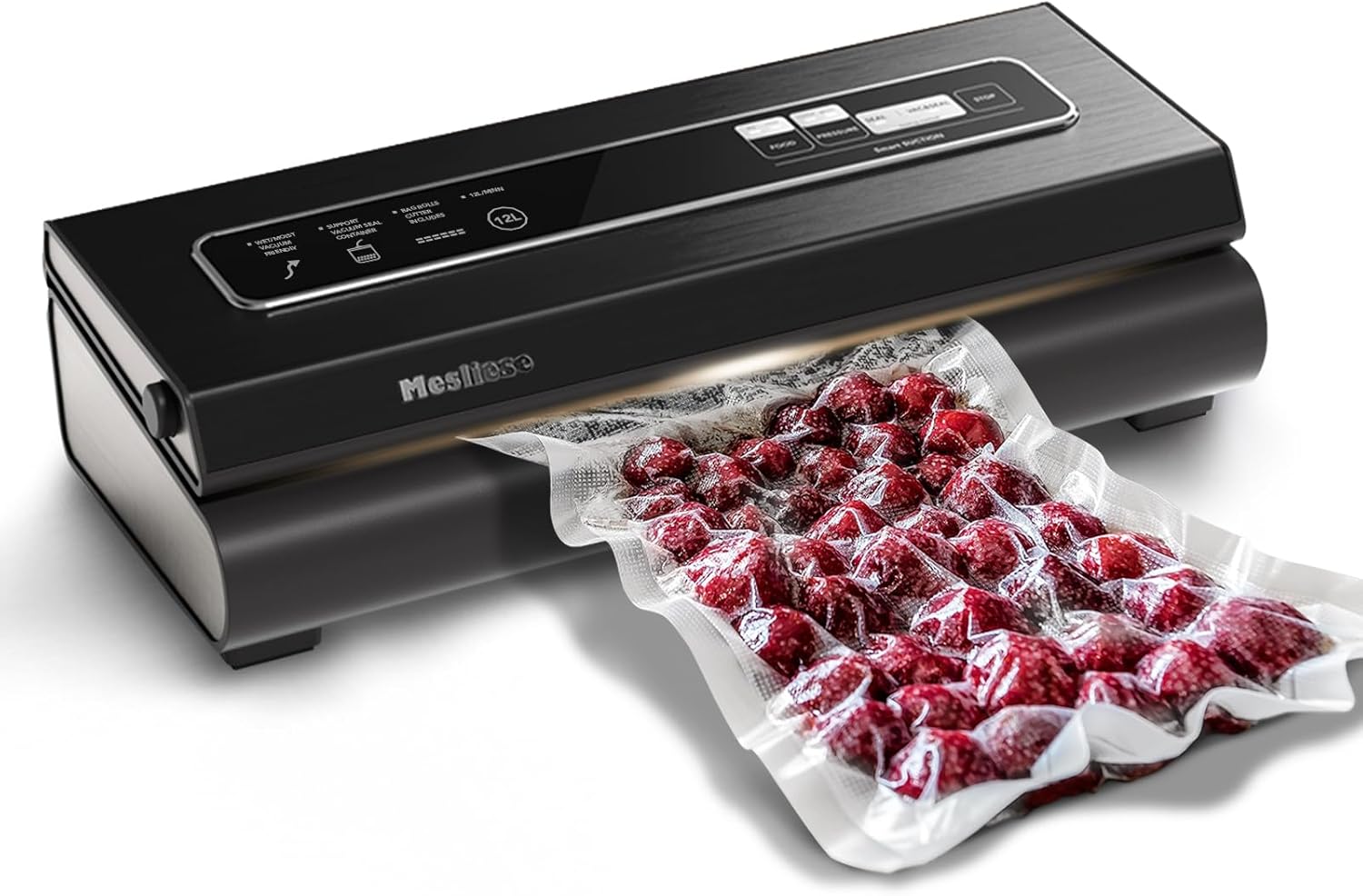 Mesliese Vacuum Sealer 90kPa Vacuum Sealer 6-in-1 Compact Food Vacuum Sealer System with Cutter, 2 Bag Rolls, 5 Pre-Cut Bags, Dry and Wet Modes (Dark Grey)