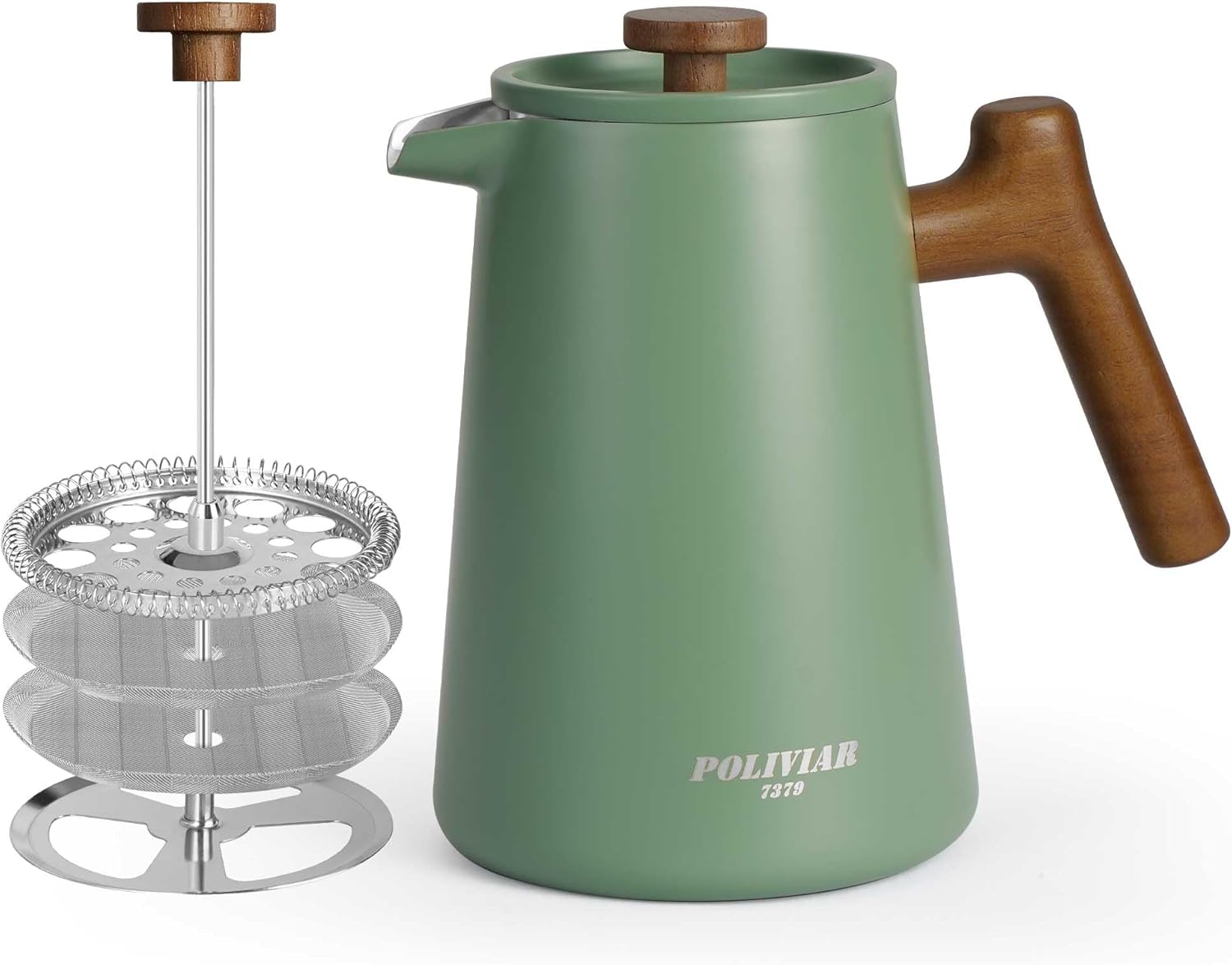 POLIVIAR 7379 French Press 1 Litre Stainless Steel, Double-Walled French Press Thermal Coffee Press with Wooden Handle, Modern Design & 4-Level Filter System, Coffee Maker Press Stainless Steel 1 L