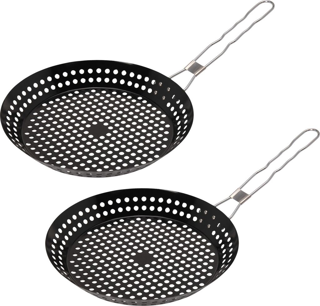 HAC24 Set of 2 BBQ Grill Pans Ø30 cm, Grill Vegetable Pan, Perforated Pan, Stainless Steel Frying Pan, Grill Basket, Grill Tray with Folding Handle