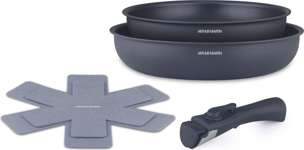 Set of 2 frying pans - Suitable for all hob types, including induction - ARTHUR MARTIN - AM2977 - Non-stick coating - Ø 24-28 cm + removable handle - Matte grey