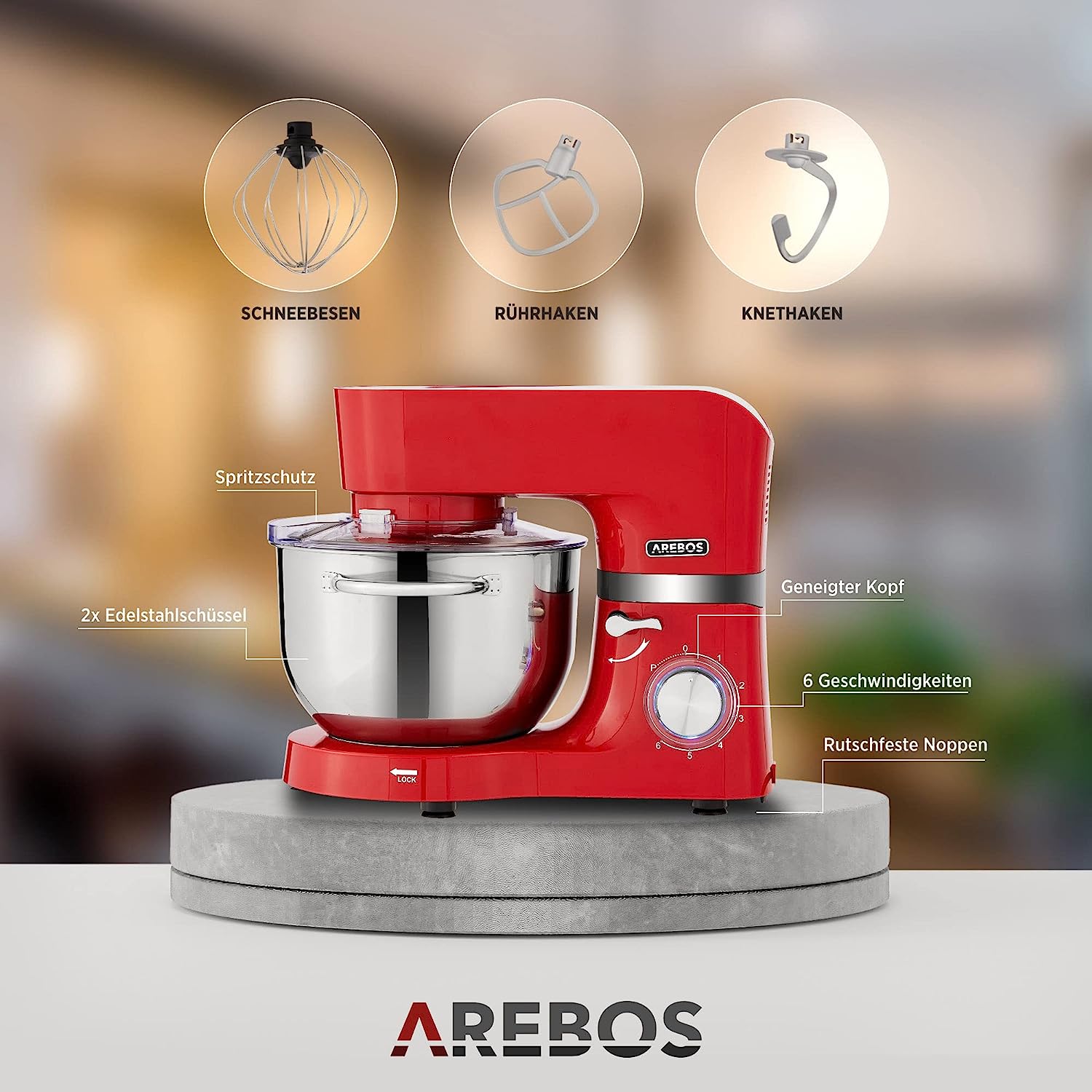 Arebos Food Processor 1500 W Red | Kneading Machine with 2 x Stainless Steel Mixing Bowls 4.5 & 5.5 L | Low Noise | Kitchen Mixer with Mixing Hook, Dough Hook, Whisk and Splash Guard | 6 Speeds