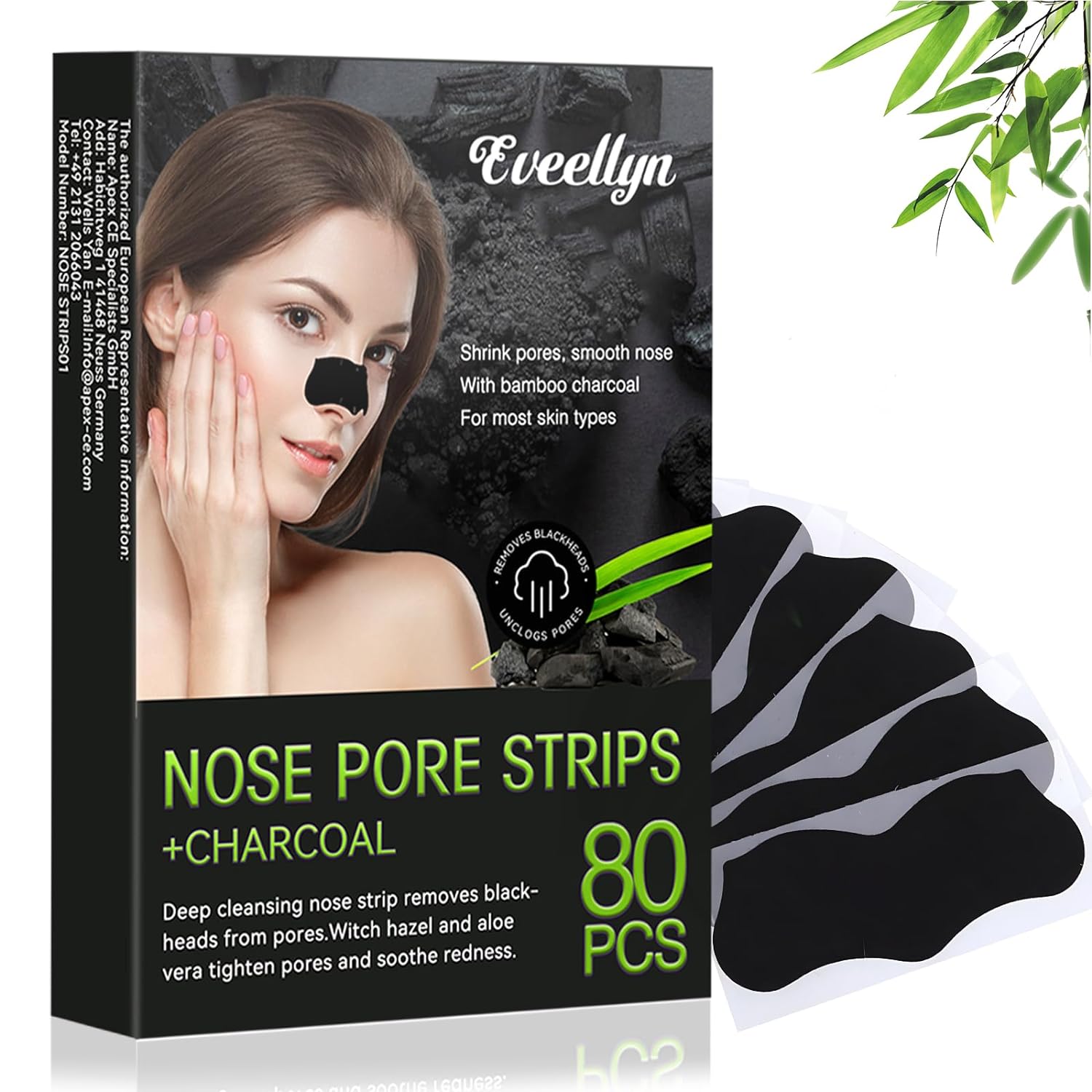 Eveellyn Blackhead remover stripes, 80 pieces of natural bamboo charcoal blackhead remover, for removing blackheads and clearing clogged pores