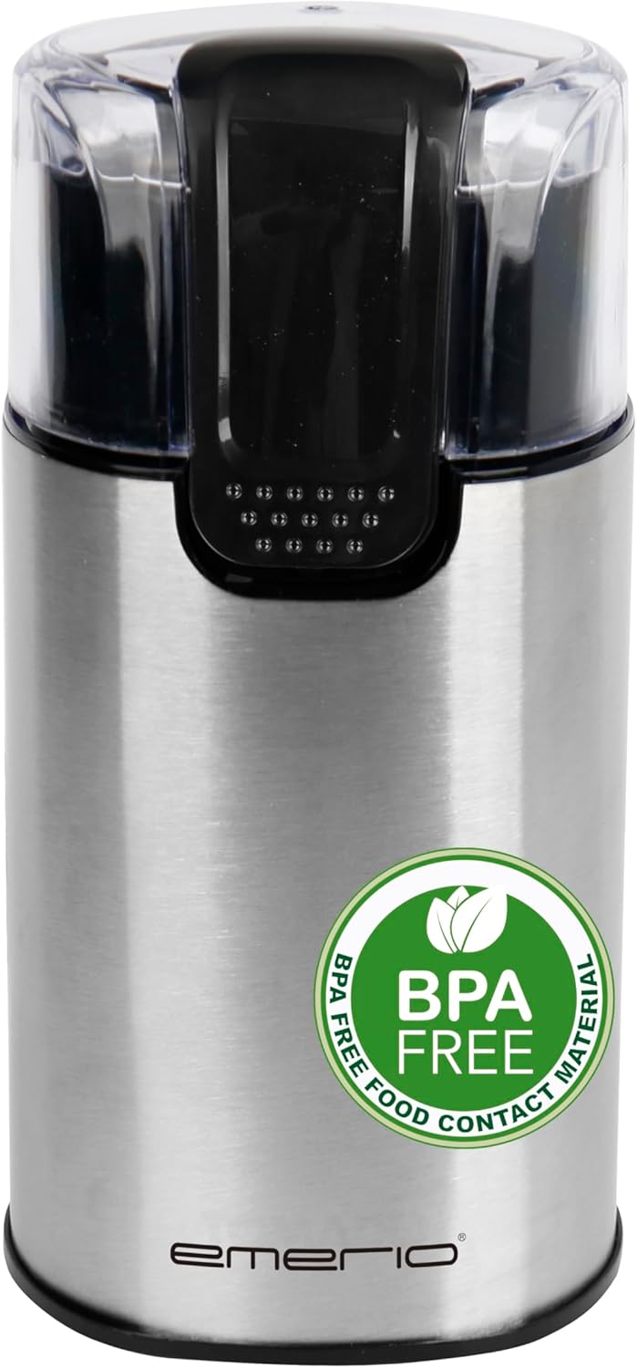 EMERIO CG-125372 Electric Stainless Steel Coffee Grinder, 60 g Capacity, Coffee Grinder, for Coffee Beans and Nuts, Stainless Steel Double Knife, Safety Lid, BPA-Free, Non-Slip, 150 W
