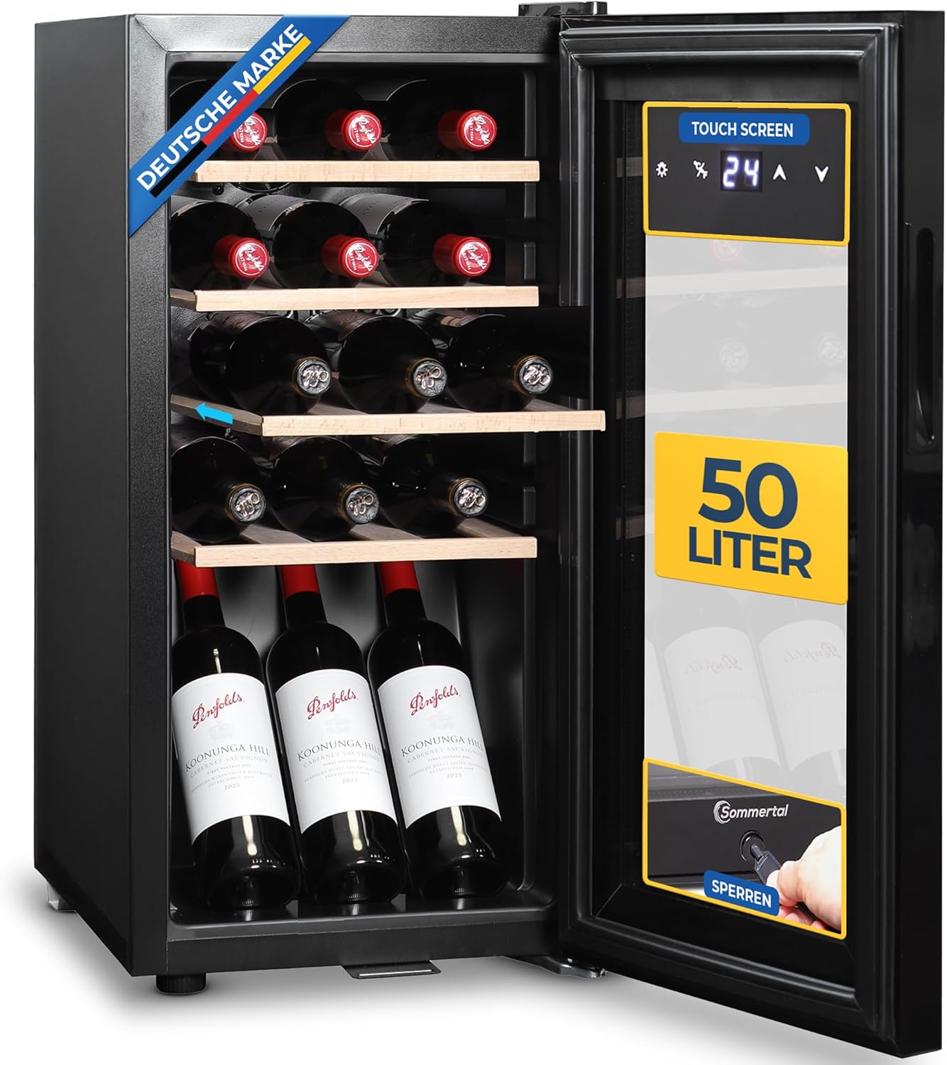 Sommertal Wine Fridge with Glass Door WK50 - 15 Bottles, 5-20°C Adjustable, Lockable, LED Lighting, Glass Door, Touch Screen, 4 Wooden Shelves, Quiet & Energy Saving, UV Protection Glazing