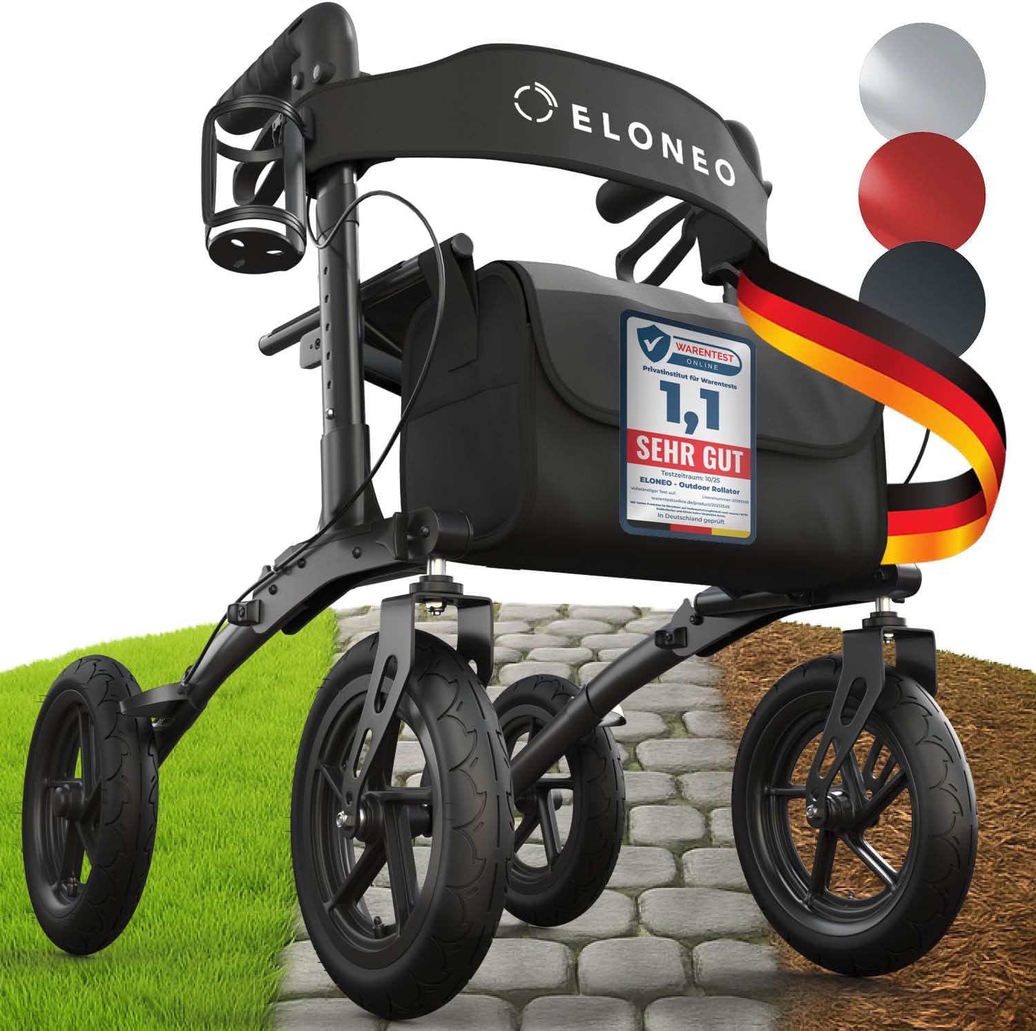 ELONEO Store ELONEO Foldable and Lightweight Rollator with Seat, Outdoor Rollator with Pneumatic Tyres Including Seat, Back Strap, Height-Adjustable Aluminium Walking Aid Including Bag and Stick Holder, Black