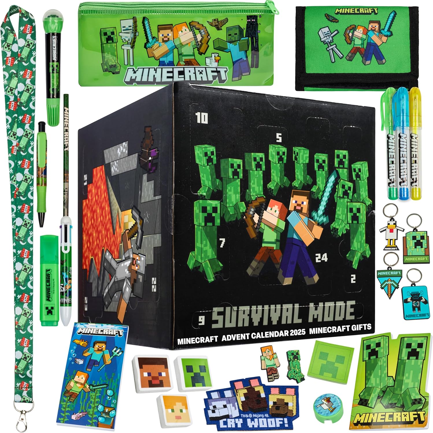 Minecraft Children\'s Advent Calendar 2025, School Stationery, 24 Surprises with Pens, Eraser & More Accessories, Creeper Gamer Gifts for Boys (Black Cube)