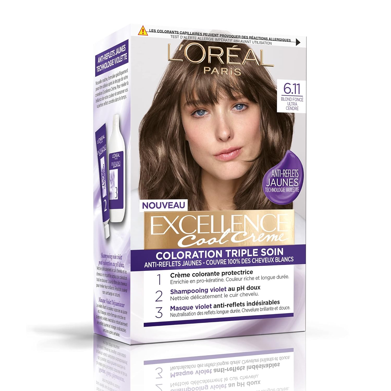 L\'ORÉAL PARIS - Permanent Hair Dye Triple Care Anti-Glare Yellow Covers 100% White Hair - Excellence Cool Cream - Shade Dark Blonde Ultra Ash Red (6.11)