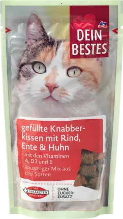 Dein Bestes Cat treats, filled nibble pillows with beef, duck & chicken, 65 g