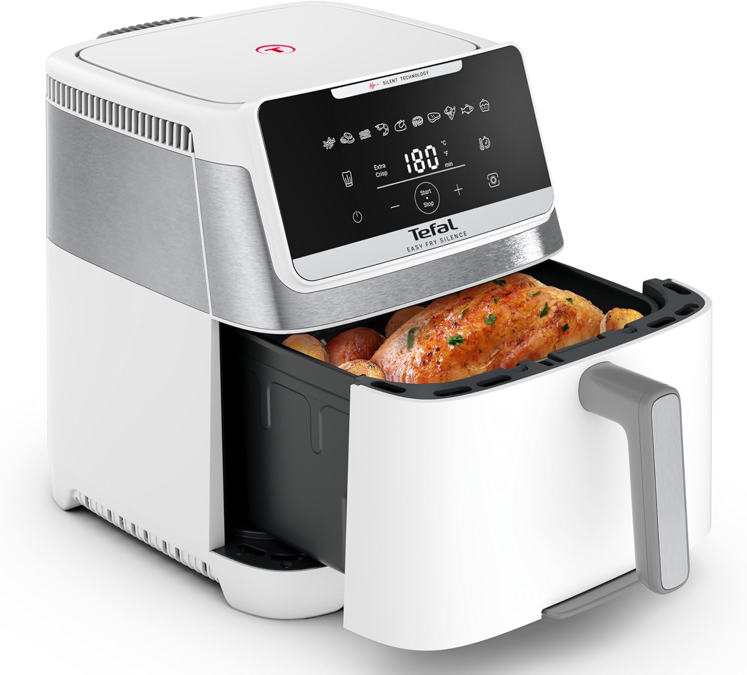 Tefal Store Tefal Easy Fry Silence Hot Air Fryer, 7 L Capacity, Silent Technology, 10 Preset Programmes, up to 8 Servings, Removable Front Element, White, EY8421E0