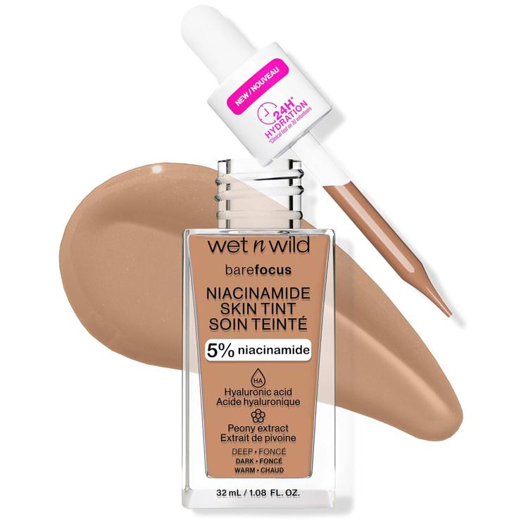 Wet n Wild Bare Focus Niacinamide Skin Tint, lightweight foundation with buildable formula, enriched with hyaluronic acid and vitamin E for a radiant look, deep