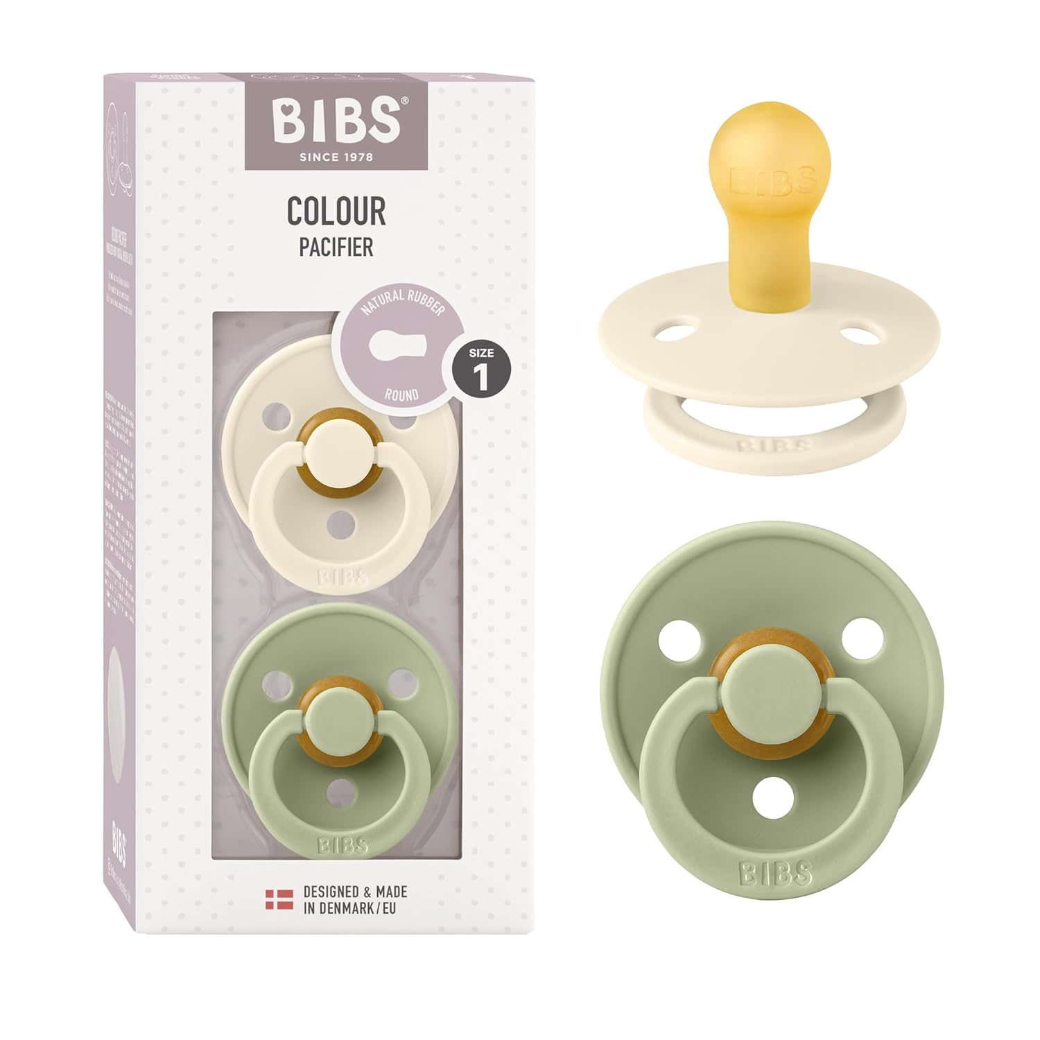 Bibs Dummies, 2-Pack of Colorful Dummies, Natural Rubber Danish Dummies in a Cherry Shape