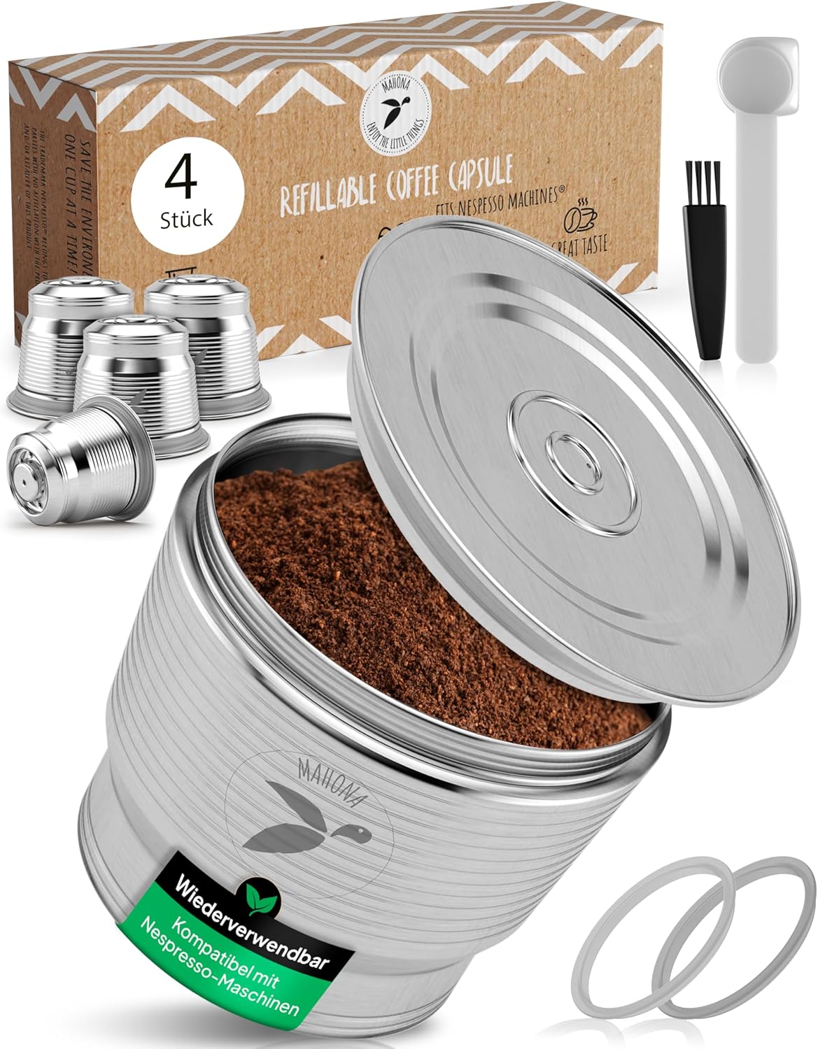 Refillable Stainless Steel Coffee Capsule for Refilling, Reusable Refill Capsule for Environmentally Conscious Coffee Lovers, Compatible with Nespresso Machines + Capsule Holder mahona