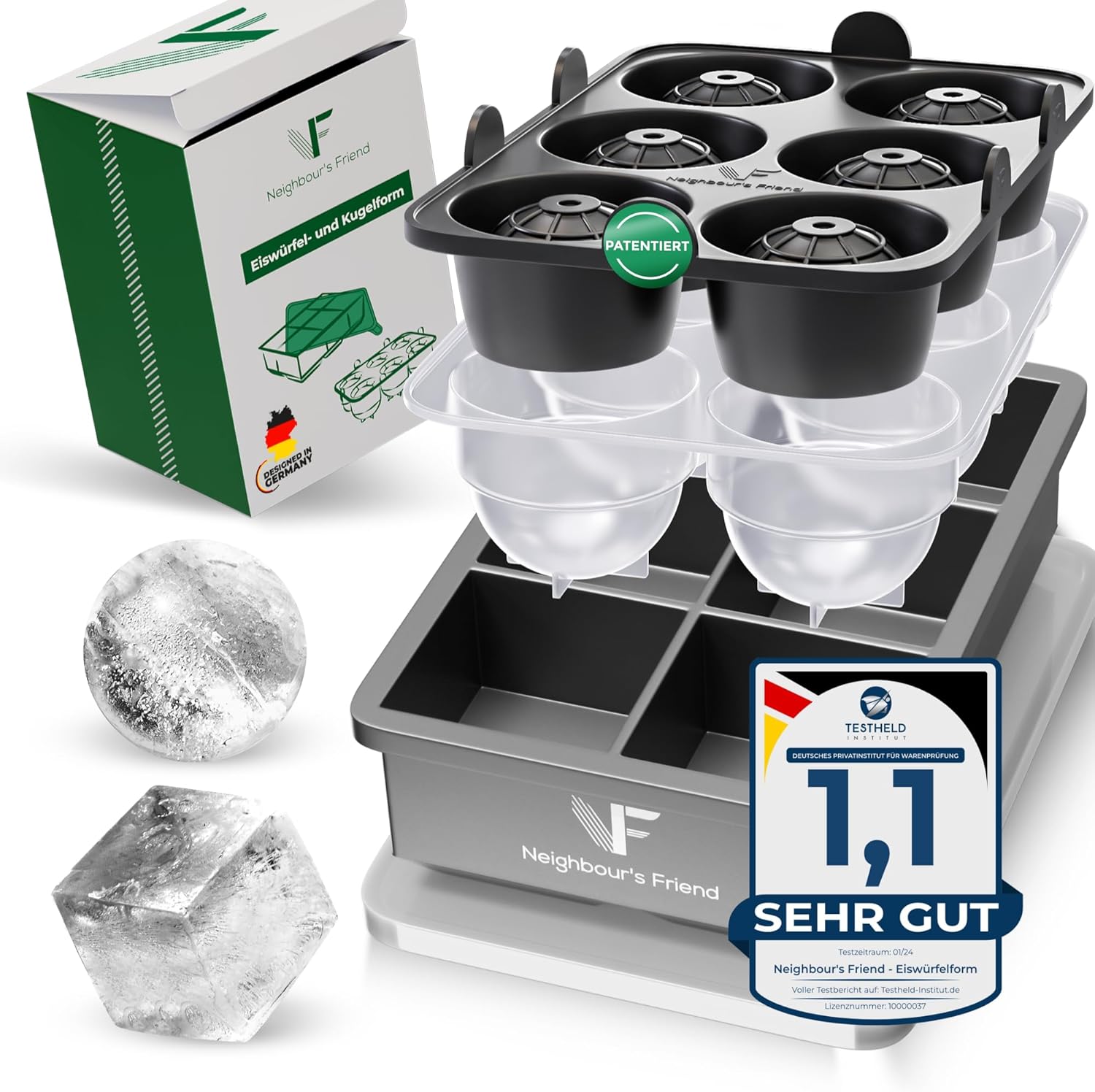 Neighbour's Friend Store Neighbour\'s Friend Patented Ice Ball Mould with XXL Ice Cube Tray - Large Ice Cube Tray Round Platinum Silicone for Cocktails, Whisky & Long Drinks - 6 x Ice Cubes & 6 x Ice Balls Dishwasher Safe