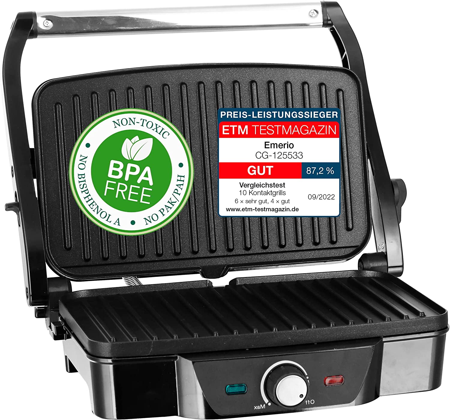 Emerio Contact Grill Table Grill Panini Sandwich Maker 1600 Watt Cool Touch Handle Non-Stick Coating Grill Surface 28 x 17 cm indicator light table thermostat