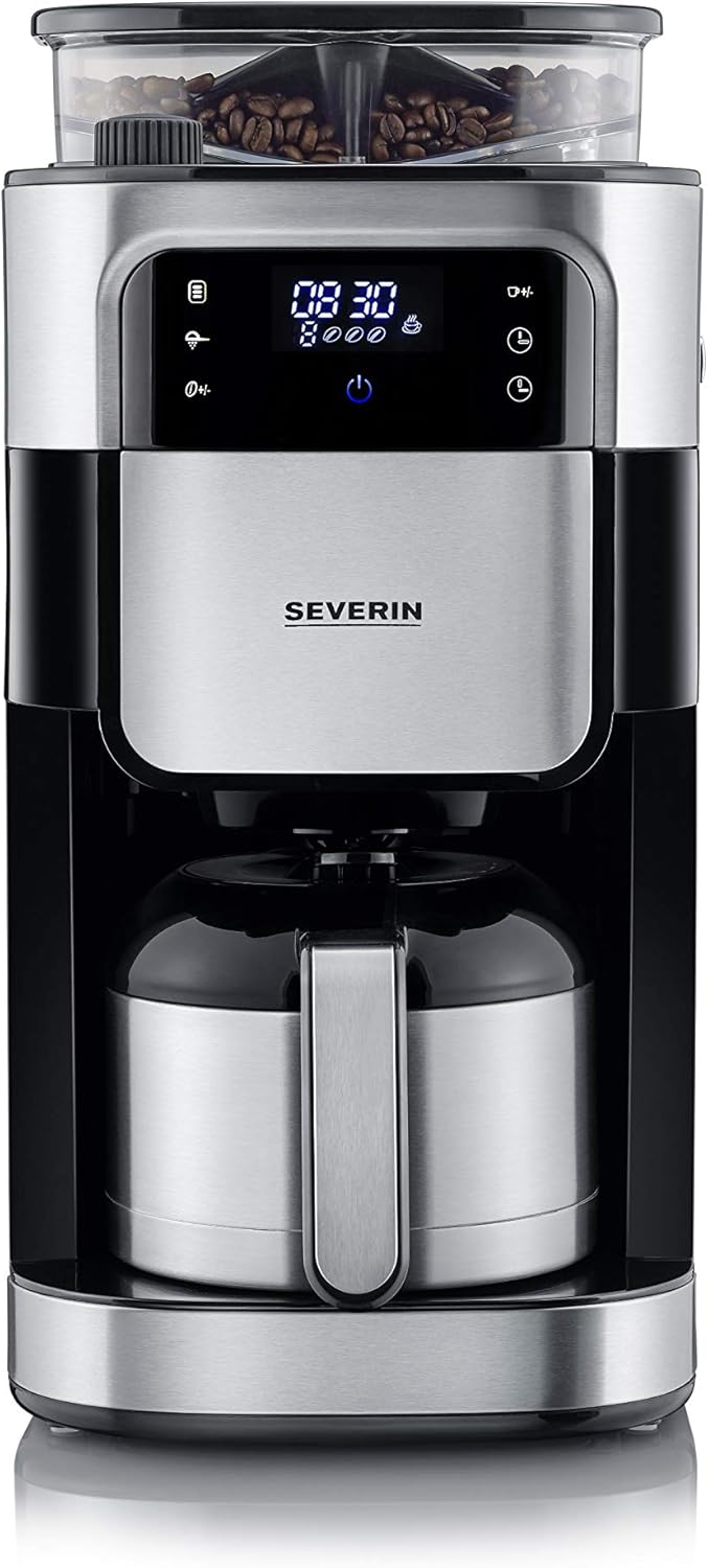 SEVERIN filter coffee machine with stainless steel grinder and thermal carafe, finest grind and individually selectable grind setting, 1000 W, for up to 8 cups / approx. 1 liter, black, KA 4814
