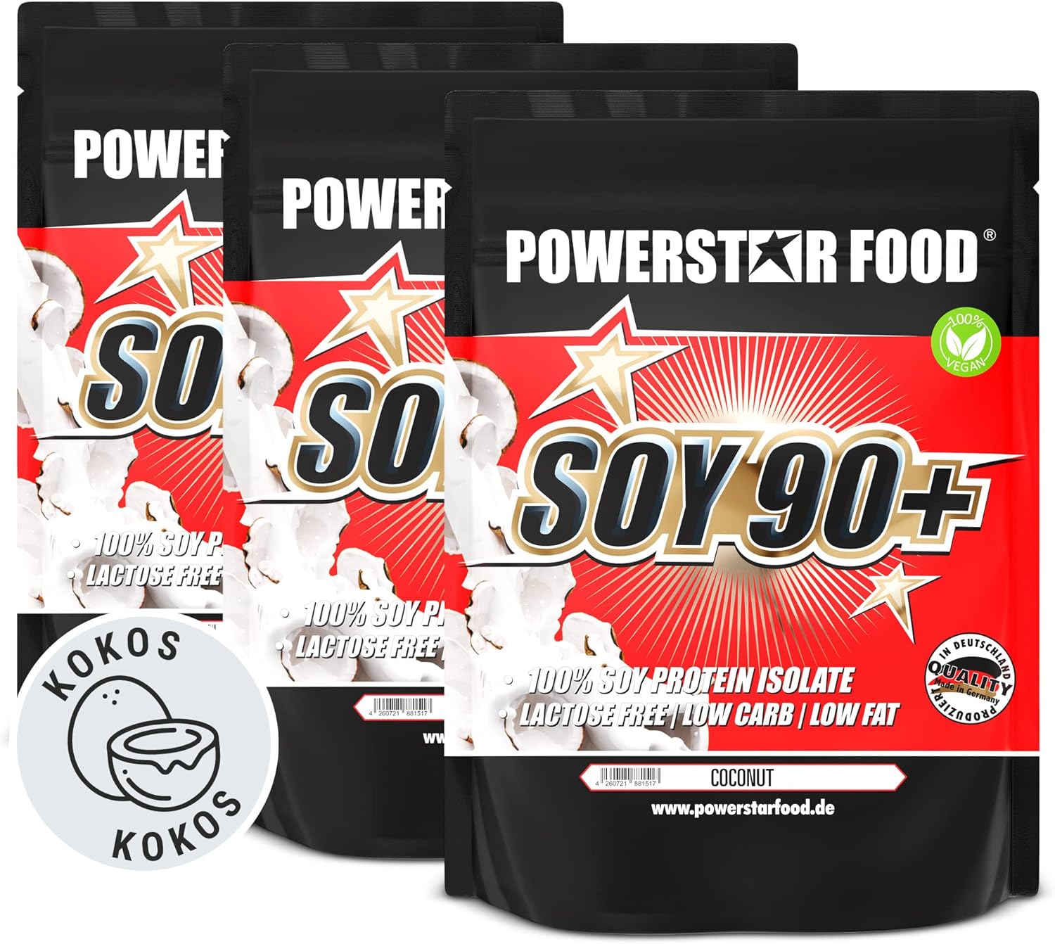 POWERSTAR FOOD Store Powerstar SOY 90+ | 3 kg Soy Protein Isolate without Added Sugar | Made in Germany | Genetically Unchanged | 3 x 1000 g Vegetable Protein Powder with 93% Protein I.Tr | Vegan & Lactose Free | Coconut 3000g