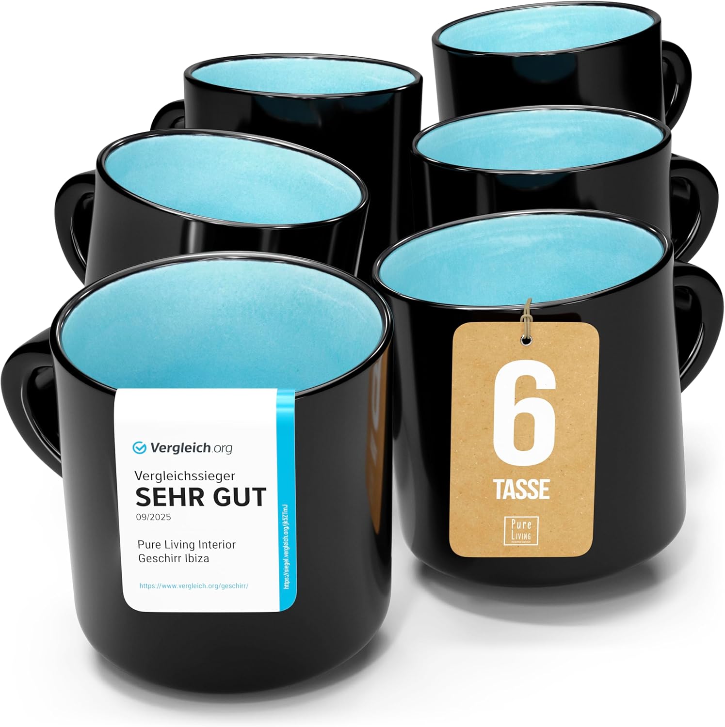 Stoneware Small Cups for 6 People Ibiza High-Quality Mediterranean Test Very Good Cup Set, Dishwasher, Microwave and Scratch Resistant - Stylish Tea and Coffee Mug Set - Pure Living in Aquamarine