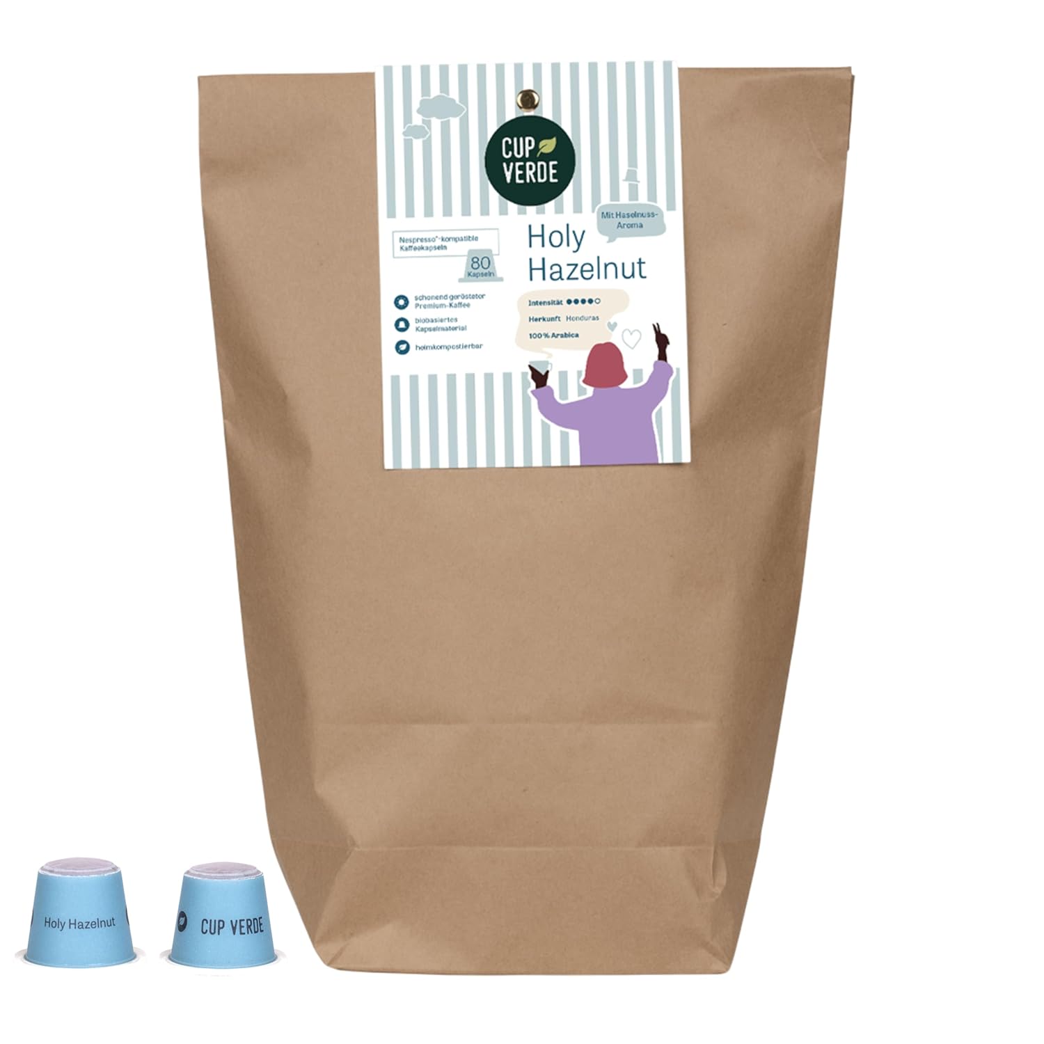 CUP VERDE 80 Hazelnut Coffee Capsules Compatible with Nespresso*. HOLY HAZELNUT 100% Arabica with Irresistible Hazelnut Flavoring. Sustainable - Home Compostable (Pack of 80)