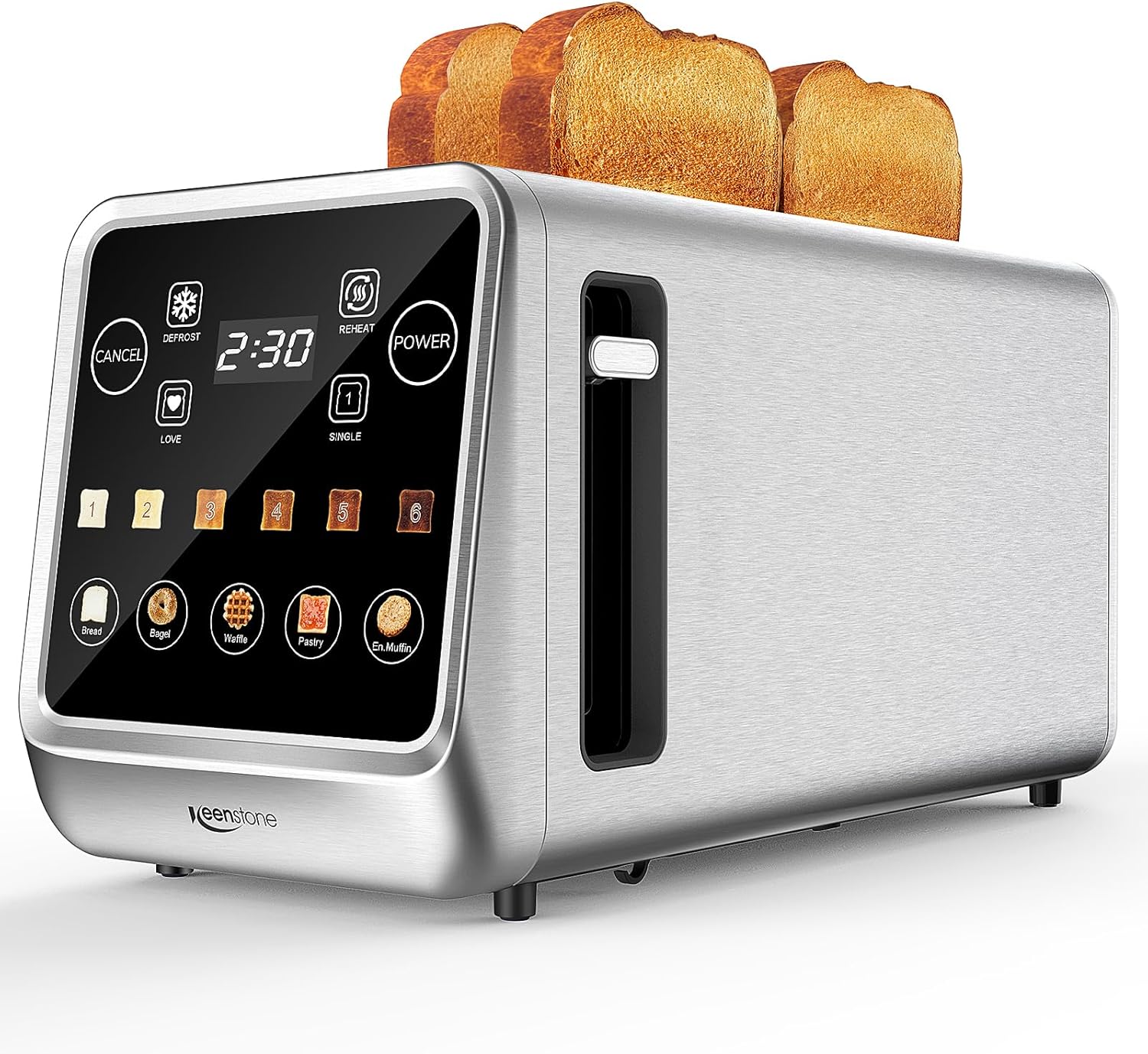 Keenstone Toaster 4 Slices, LED Display Touchscreen with Memory Function, Single Slice Technology, Timer, Defrost & Reheat Function, 6 Browning Levels, 5 Bread Programs, Crumb Drawer, Stainless