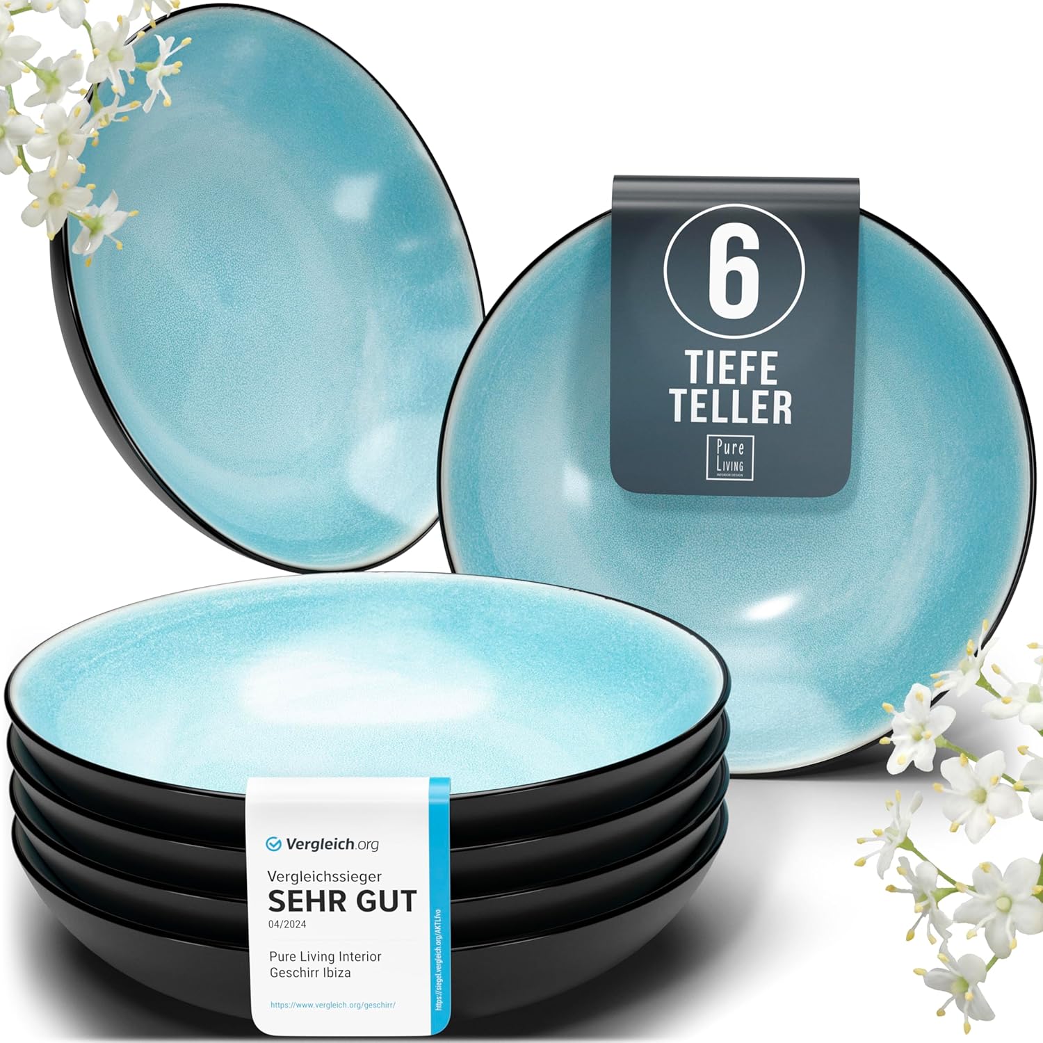 Pure Living Ibiza Stoneware Soup Plates for 6 People, Mediterranean Stoneware Deep Plate Set, ‘Very Good’ in Test, Scratch-Resistant, Dishwasher and Microwave-Safe, Deep Large Pasta Plate, Aquamarine