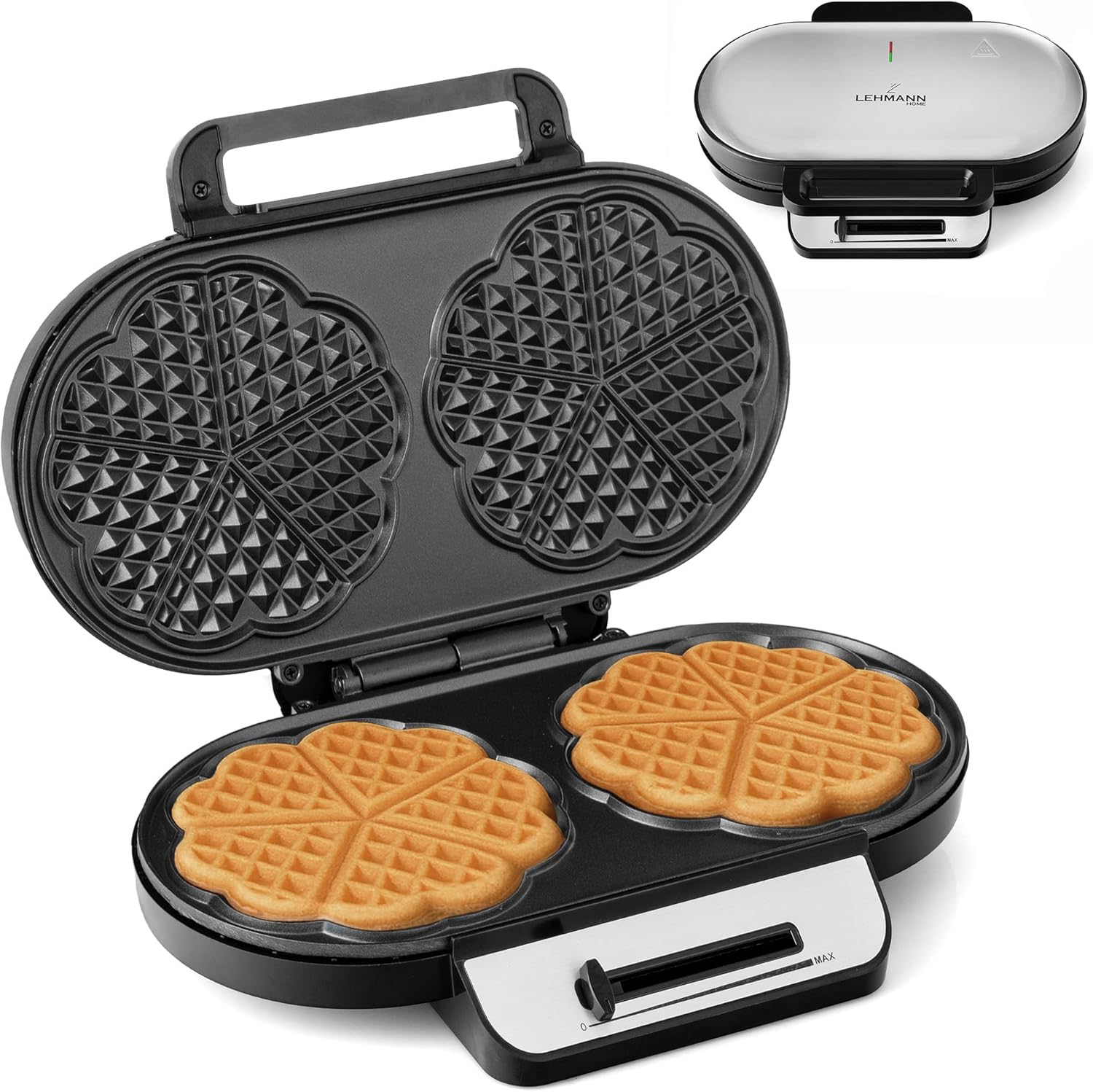 LEHMANN Double Waffle Iron Heart Shape - Heart Waffle Iron for 10 Classic Heart Wafers - 2 Non-Stick Baking Surfaces - Temperature Control - Baking Light - 1200 W - Black/Silver