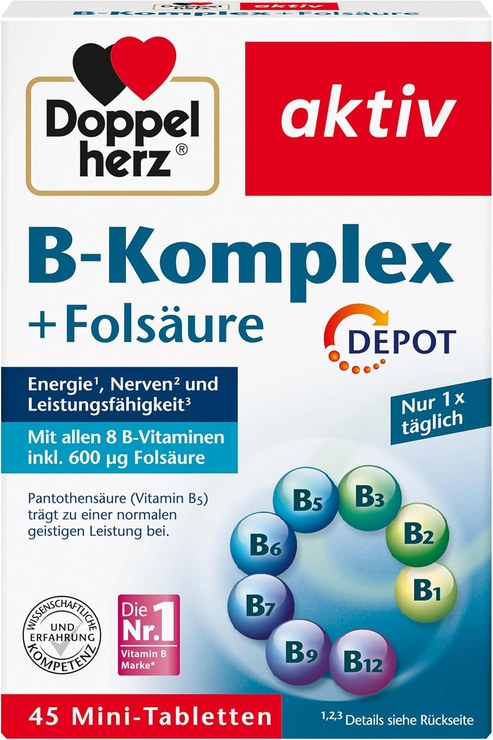 Doppelherz B Complex Depot with Folic Acid - B Vitamins as a Contribution to the Normal Function of the Nervous System and Normal Energy Metabolism - 45 Tablets