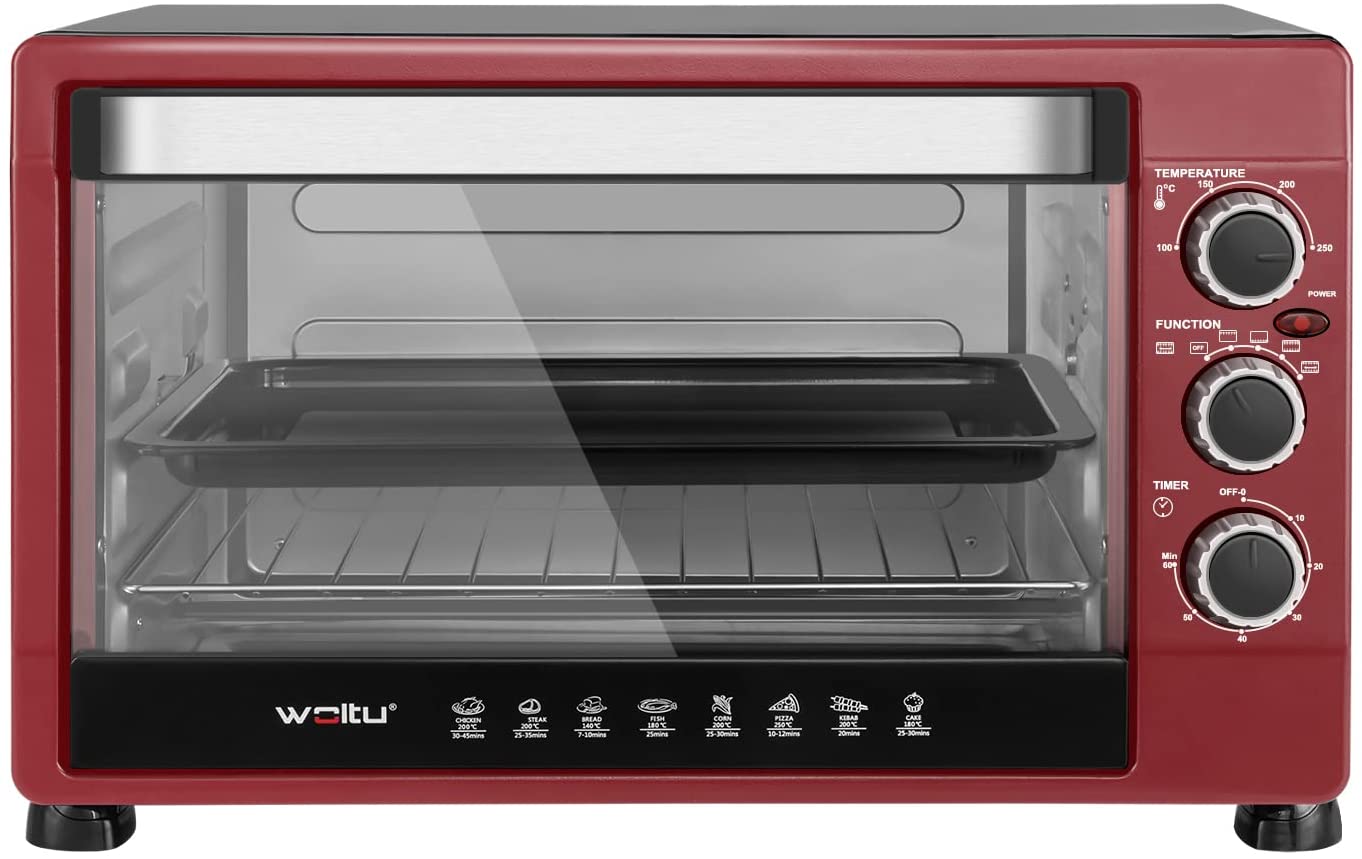 WOLTU BF12rsz Mini Oven 32 Litres 1600 Watt Toaster Oven Pizza Oven Removable Crumb Tray with Timer Mini Oven for Pizza, Toast, Turkey, Hot Dogs Black + Red