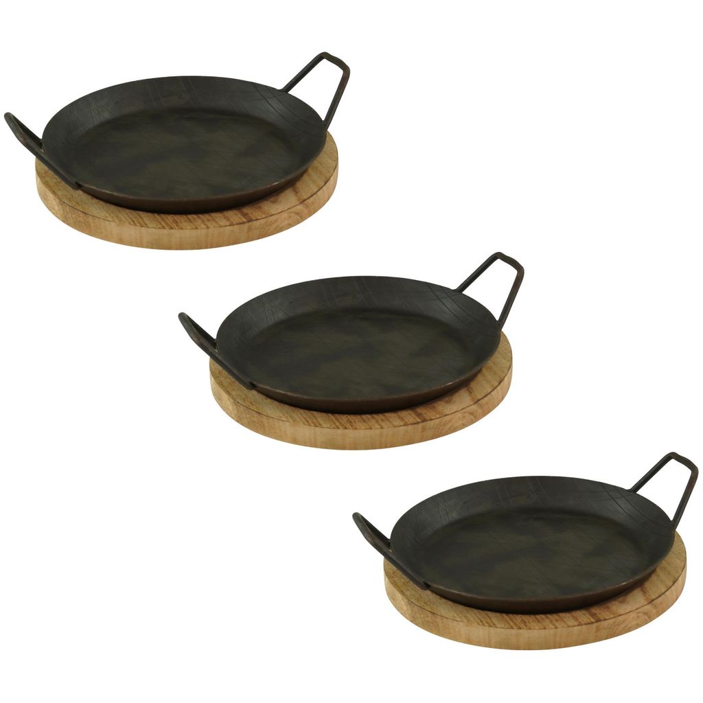 GVKECO Set of 3 wrought iron serving pans with two side handles, ø 24cm including board