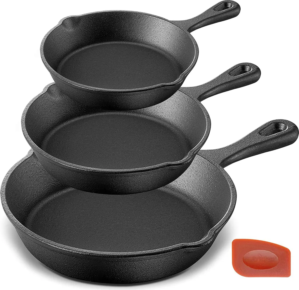Welikera 3-piece set of cast iron frying and steak pans, ø16/ø 20/ø 25.5 cm, cast iron frying pan set, BBQ frying pan set with non-stick coating
