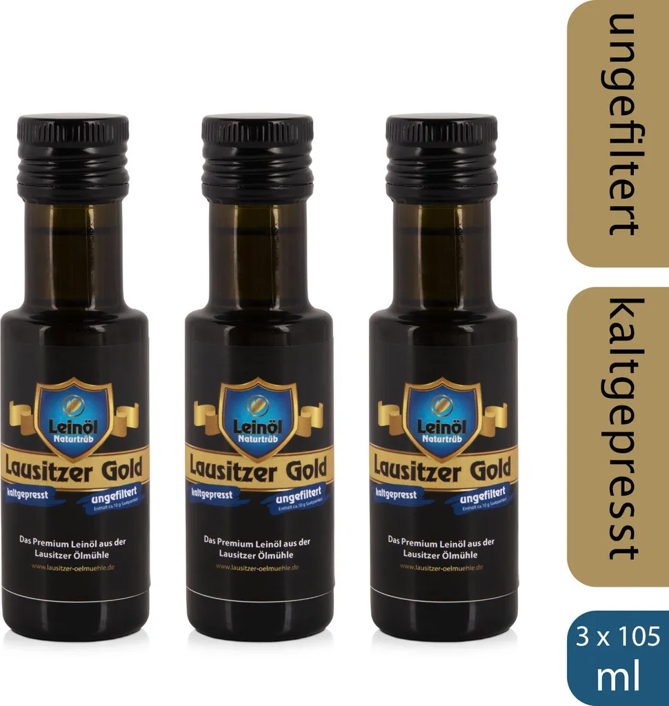 Lausitzer Ölmühle Hoyerswerda 3 x Lausitzer Linseed Oil - Lausitzer Gold (cold-pressed unfiltered premium linseed oil), 3 x 105ml