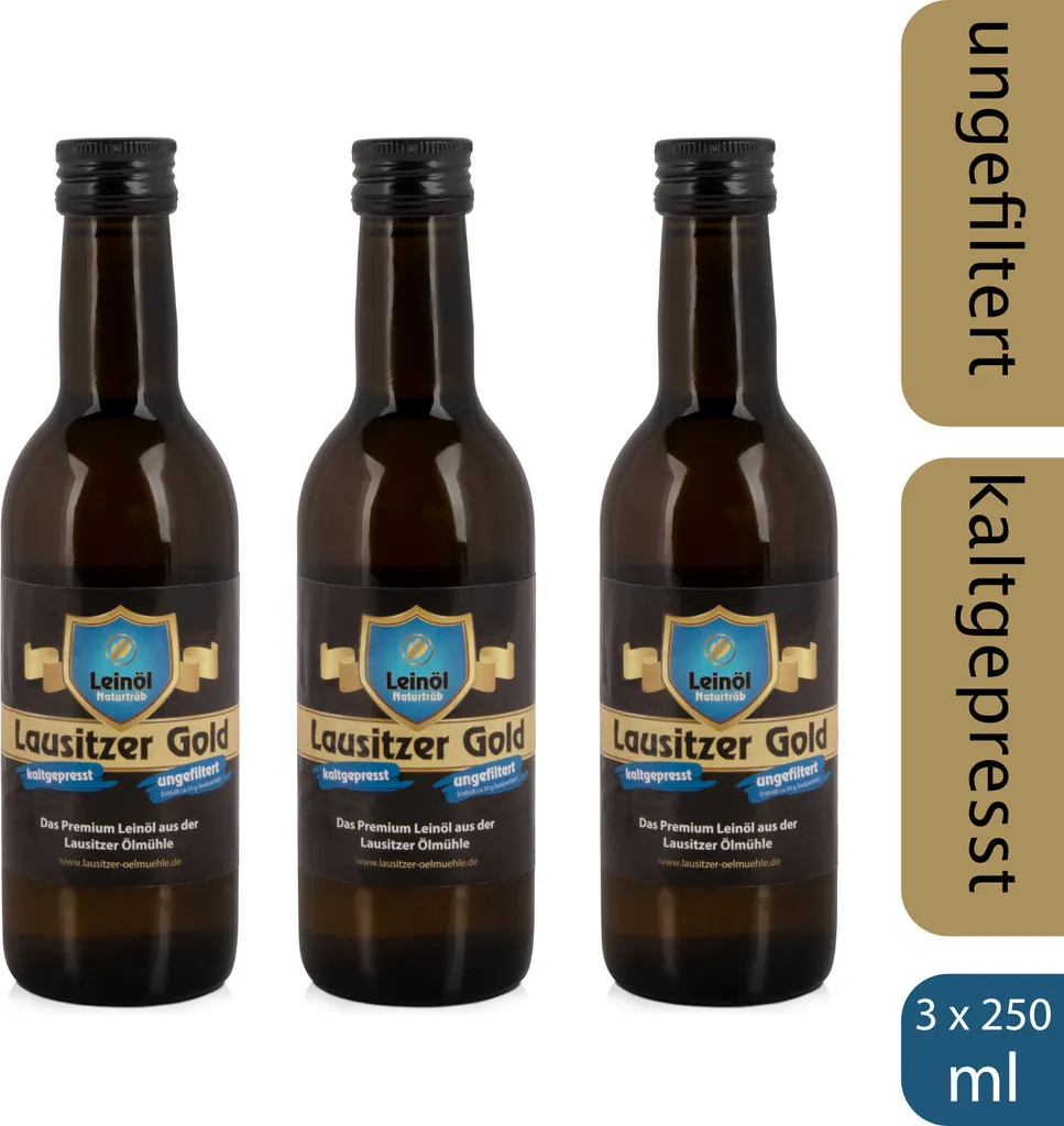 Lausitzer Ölmühle Hoyerswerda 3 x Lausitzer Linseed Oil - Lausitzer Gold (cold-pressed unfiltered premium linseed oil), 3 x 250ml