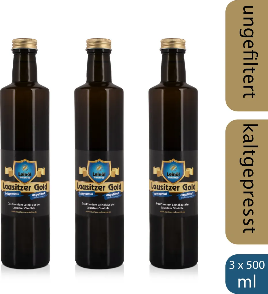 Lausitzer Ölmühle Hoyerswerda 3 x Lausitzer Linseed Oil - Lausitzer Gold (cold-pressed unfiltered premium linseed oil), 3 x 500ml