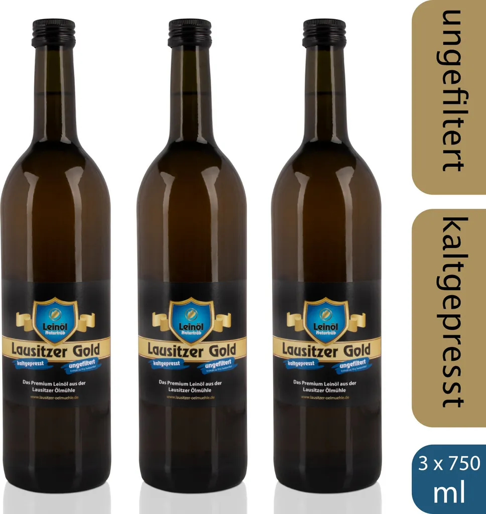 Lausitzer Ölmühle Hoyerswerda 3 x Lausitzer Linseed Oil - Lausitzer Gold (cold-pressed unfiltered premium linseed oil), 3 x 750ml