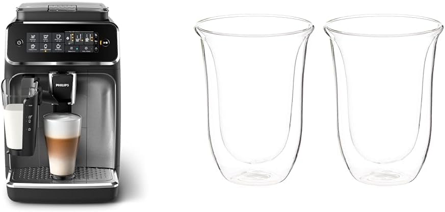 Philips Domestic Appliances Philips Series 3200 Fully Automatic Coffee Machine - LatteGo Milk System & De\'Longhi Glasses Set DLSC312, 2 Double-Walled Thermal Glasses with Insulation Function for Cold and Hot Drinks