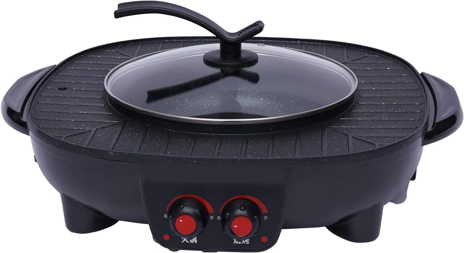 BraveeFly 2-in-1 Hotpot and Grill, Electric Hotpot Pot, Electric Grill, Non-Stick Smokeless Grill Oven, with Removable Cooking Plate, Indoor Korean BBQ, Thai Barbecue, Fondue Raclette for 5-6 People
