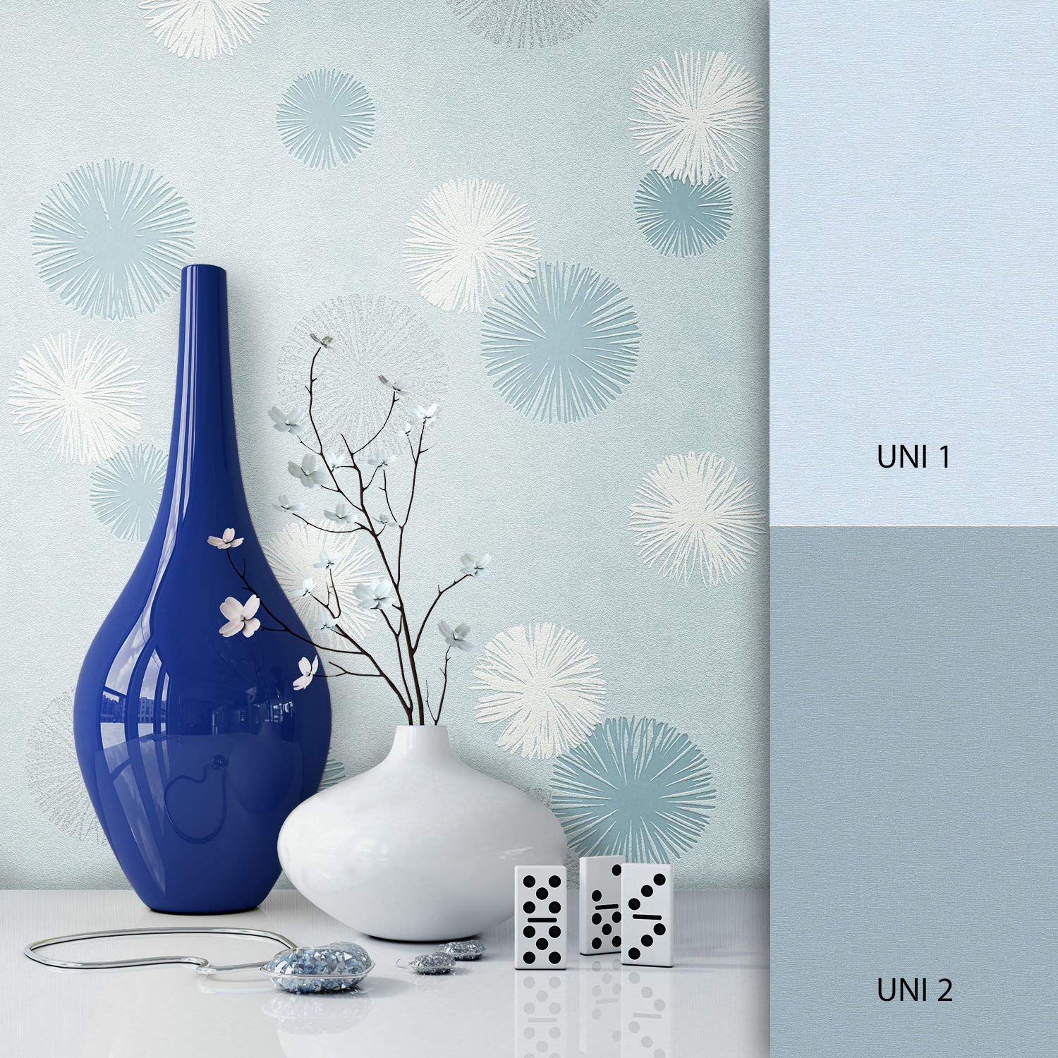 Newroom Design Newroom Wallpaper Non-Woven Wallpaper Blue Metallic White Graphic, Modern, 