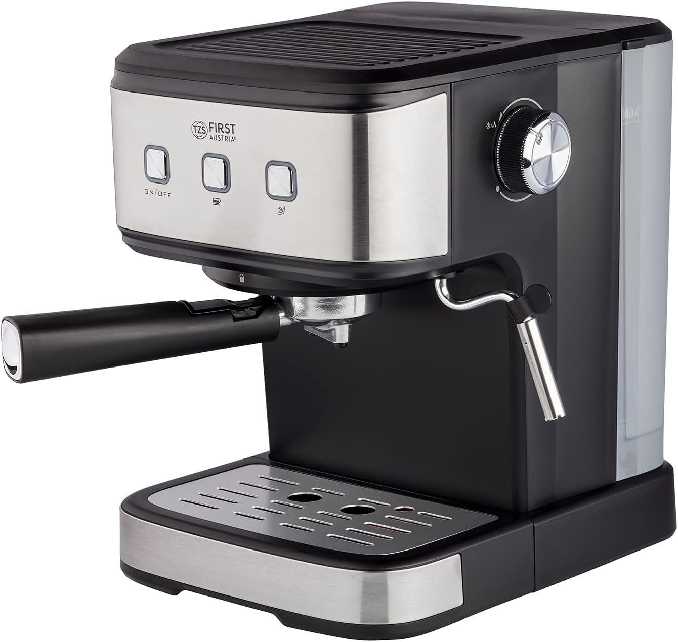 TZS First Austria Espresso Electric Portafilter Machine with Professional Milk Frother, Suitable for Pads, 1.5 L Water Tank, Includes 2-in-1 Measuring Spoon and Tamper, Stainless Steel/Black