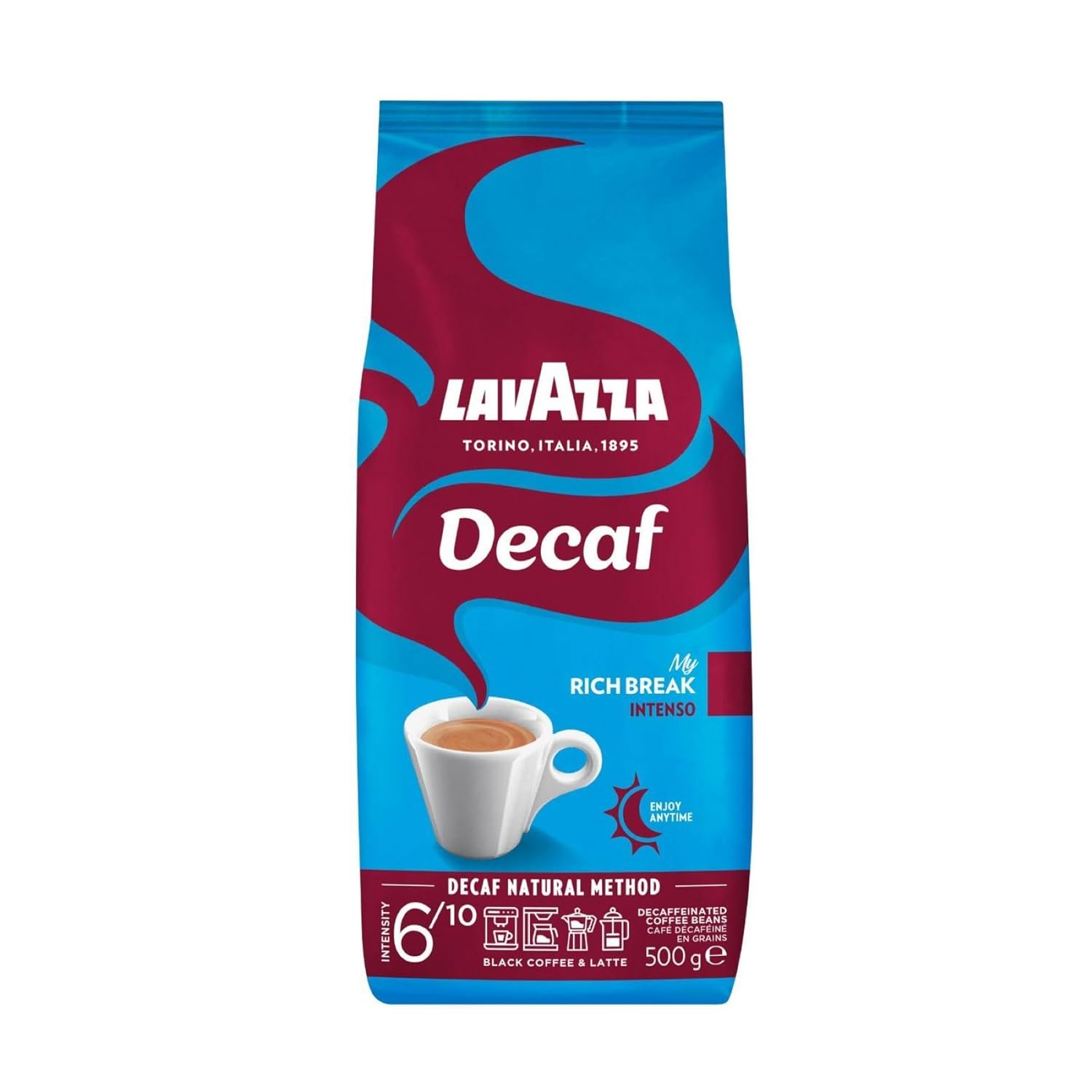 Lavazza, Decaf \"My Rich Break\" Intenso, Decaffeinated Coffee Beans, Ideal for Cappuccino, with Aroma Notes of Tobacco and Wood, Arabica and Robusta, Intensity 6/10, Medium-Dark Roasting, 500 g
