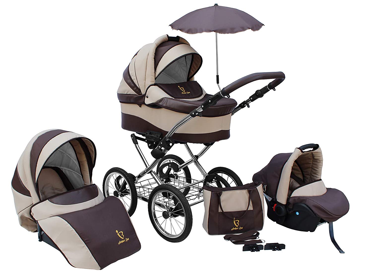SKYLINE Classic Retro Style Combination Pushchair Buggy 3-in-1 Travel System Car Seat (Isofix) (Beige/14 Inch Air Tyres)