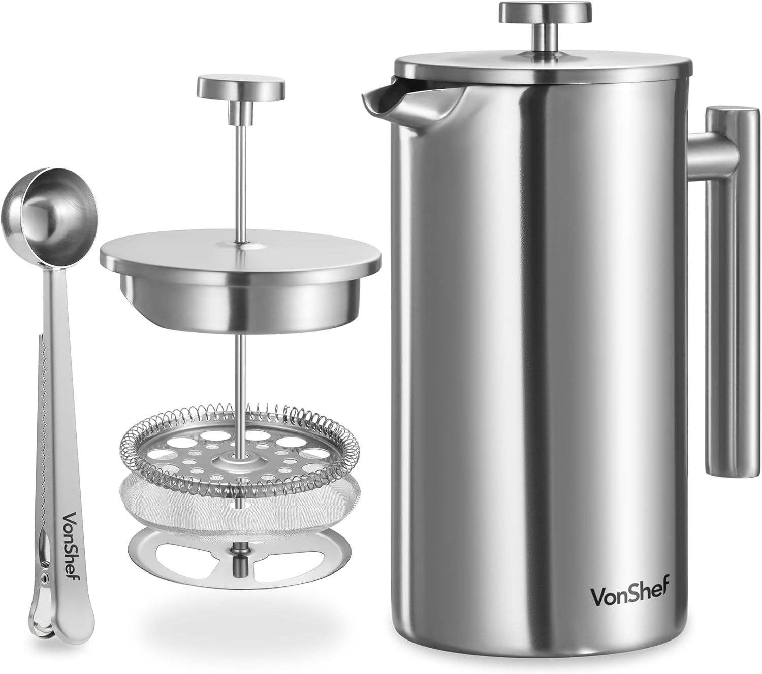 VonShef Stainless Steel French Press for 12 Cups, 1.5 L - Double-Walled Coffee Maker with Measuring Spoon/Bag Closure, Dishwasher Safe French Press Thermo with Slider