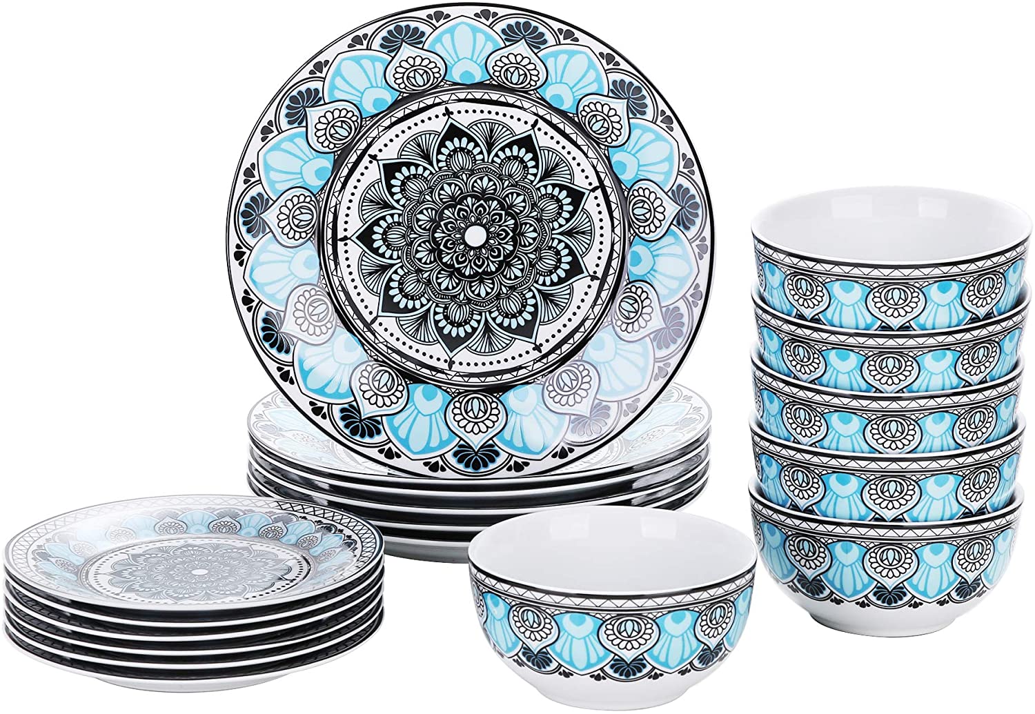 Veweet 32-piece Porcelain Dinner Set, 16-piece Crockery Set includes 10.75 inch (27 cm) Dinner Plate, 7.5 inch (19 cm) Dessert Plate, 5.5 inch (14 cm) Bowl and 380 ml Coffee Mug, Complete Service for 4/8 People