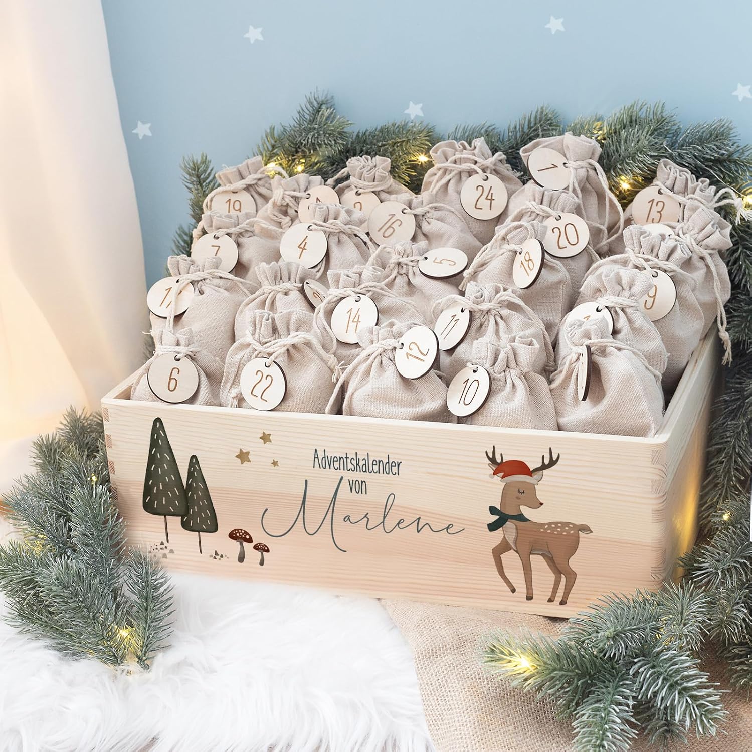 Personalized Advent Box - Advent Calendar 2024 Children Made of Wood with Name - Watercolor Print Calendar DIY - Christmas Calendar for Children - Hello Mini (Deer Print)